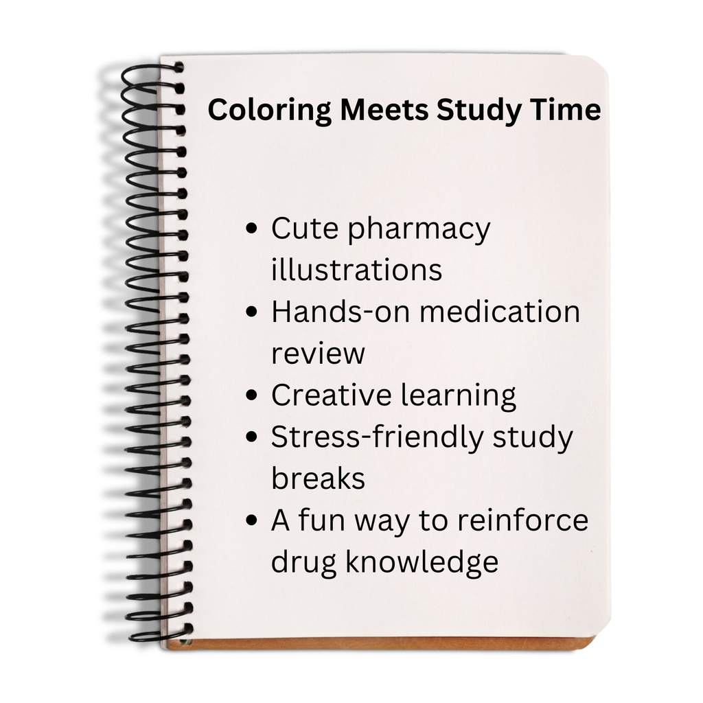 Notebook with spiral binding and text about using coloring for study time, featuring pharmacy illustrations.