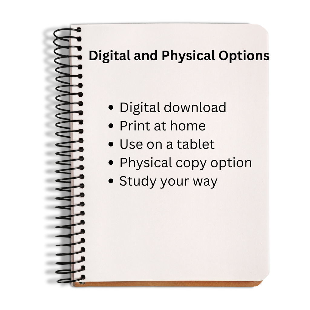 Notebook with text about digital and physical options on a white background