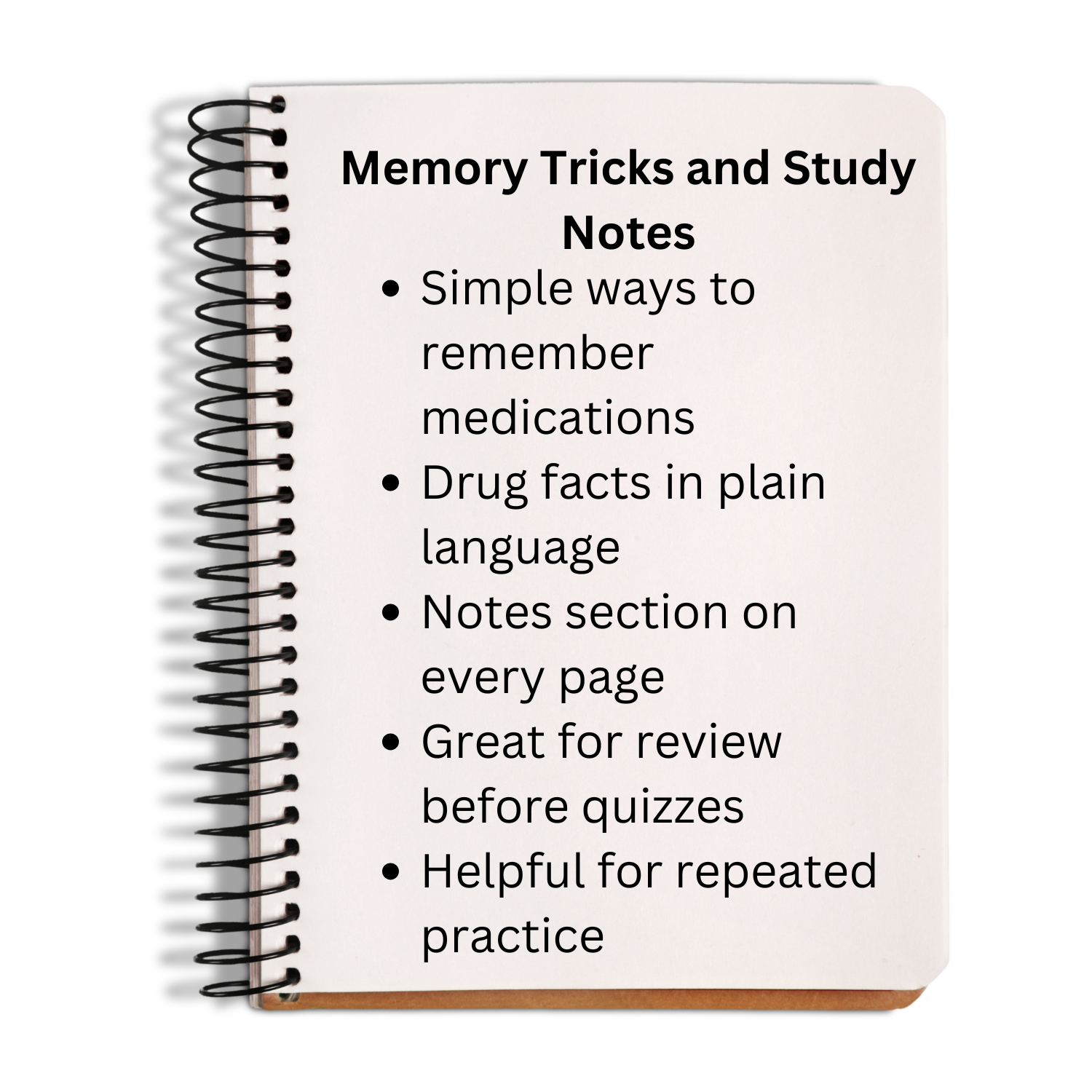 Notebook titled 'Memory Tricks and Study Notes' with text on a white background