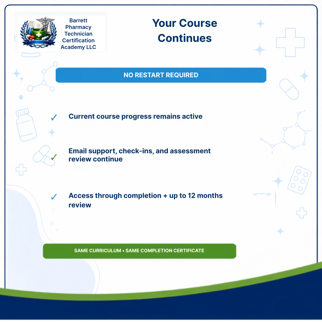 A digital informational graphic for Barrett Pharmacy Technician Certification Academy LLC stating 'Your Course Continues' with text about no restart being required, continued email support, and same curriculum and completion certificate. The design is mostly white with blue and green accents and small medical-themed icons.