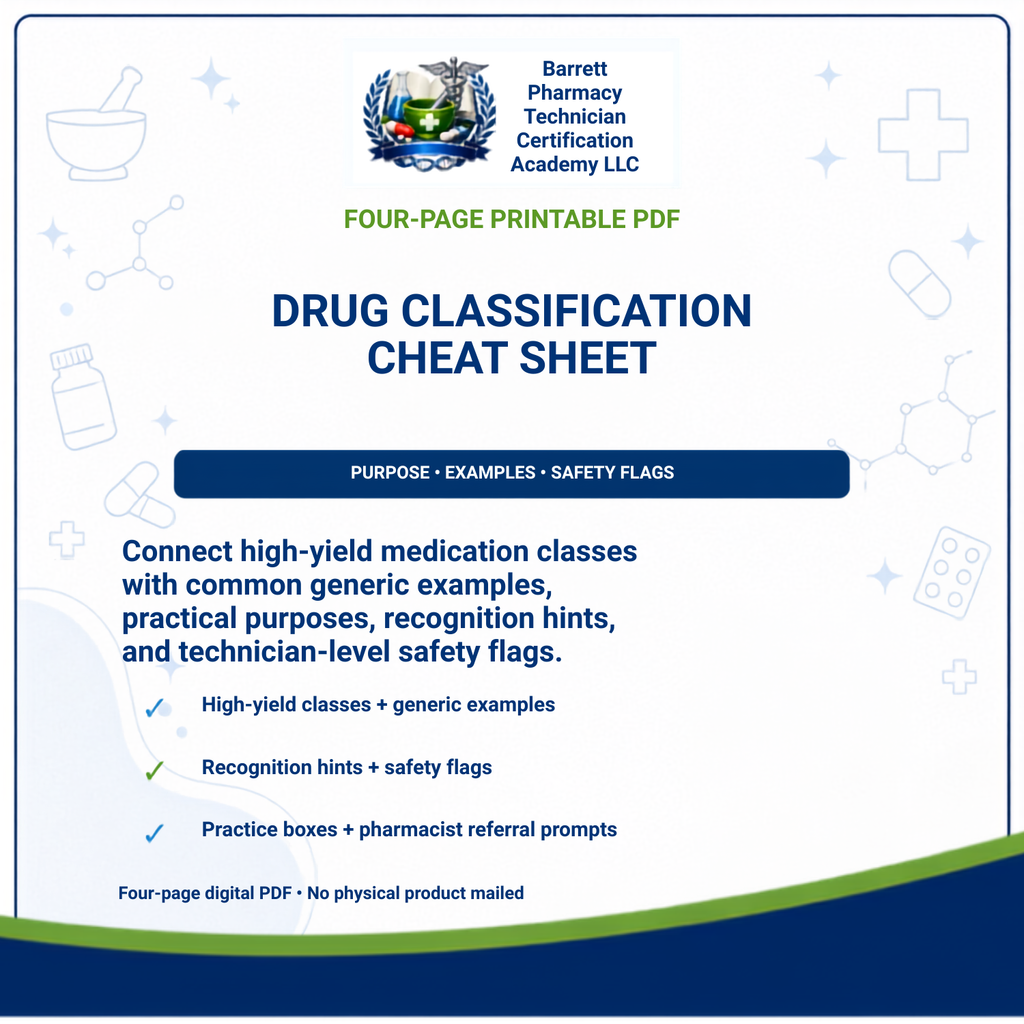 Promotional graphic for a Barrett Pharmacy Technician Certification Academy digital cheat sheet. The image features a white background with a blue wave at the bottom, a blue logo at the top, and text advertising a 'Four-Page Printable PDF Drug Classification Cheat Sheet'.
