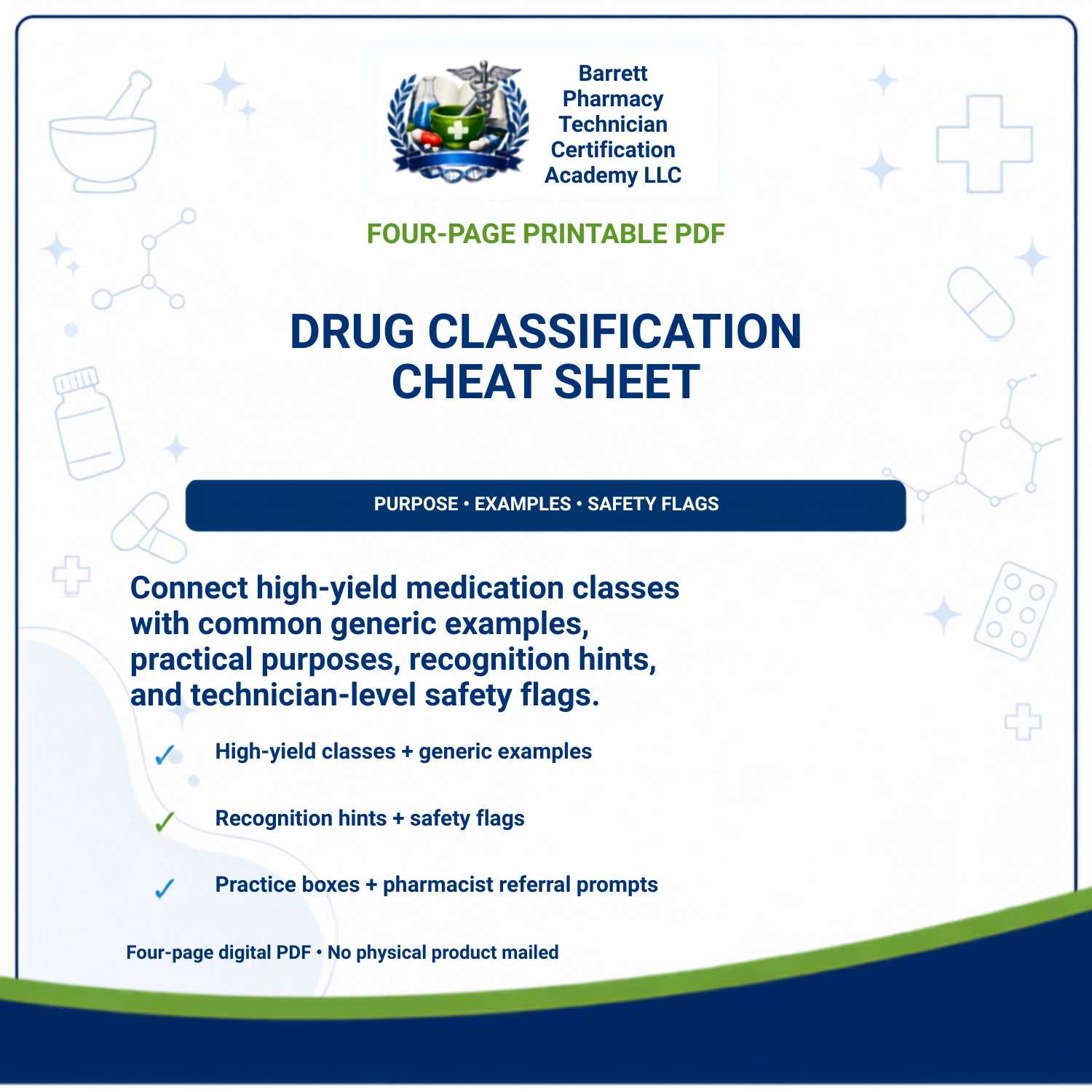 Promotional graphic for a Barrett Pharmacy Technician Certification Academy digital cheat sheet. The image features a white background with a blue wave at the bottom, a blue logo at the top, and text advertising a 'Four-Page Printable PDF Drug Classification Cheat Sheet'.