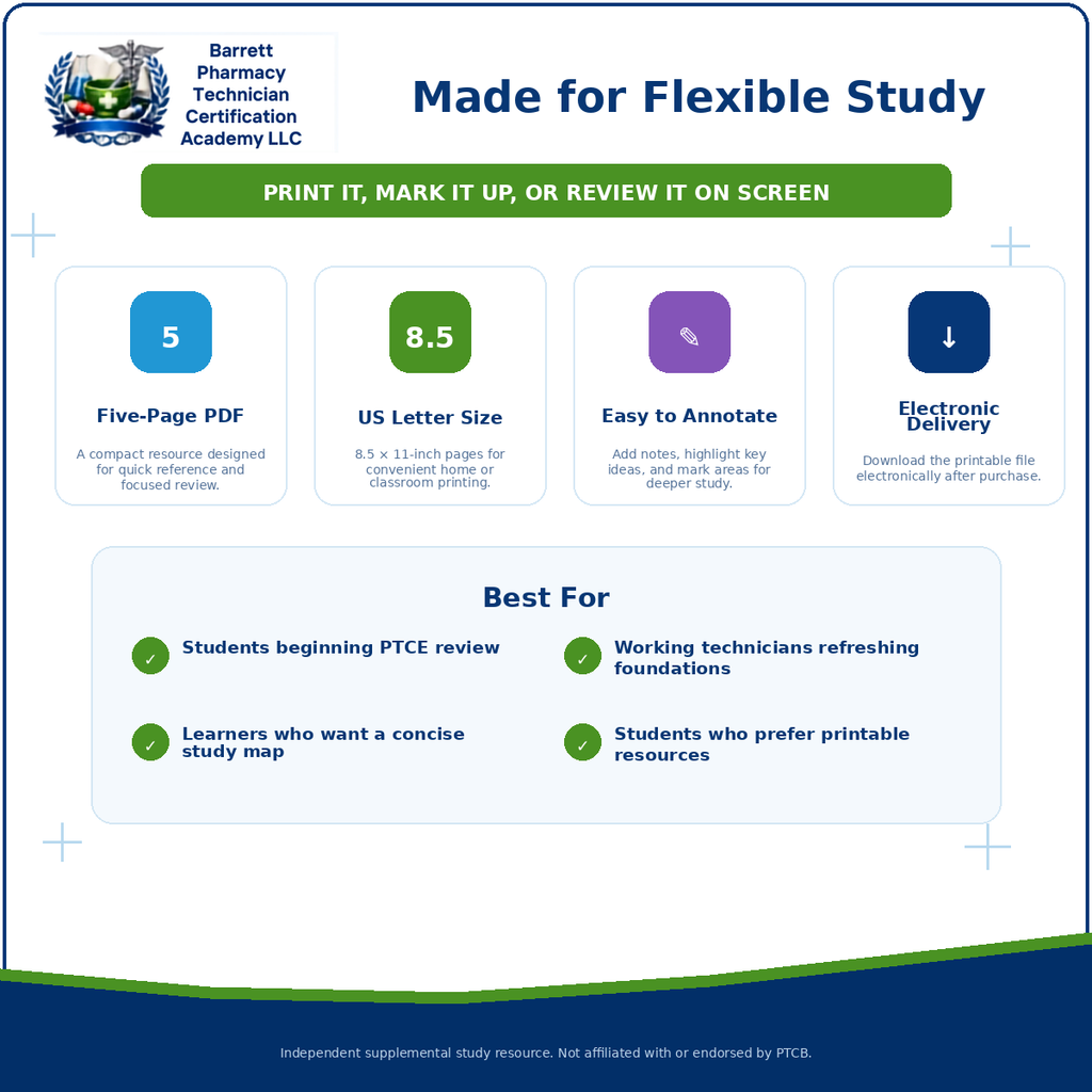 Promotional graphic for a PTCE study guide from Barrett Pharmacy Technician Certification Academy LLC, titled 'Made for Flexible Study'. The graphic features a white background with a blue header and footer, showcasing key product features like a five-page PDF format, US letter size, electronic delivery, and suitability for students and working technicians.