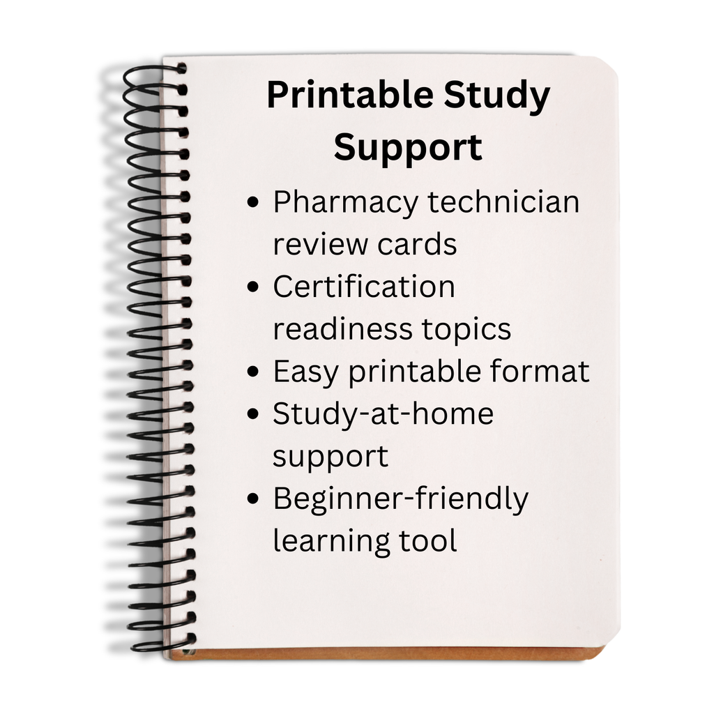 Notebook with text about pharmacy technician review cards and certification readiness topics.