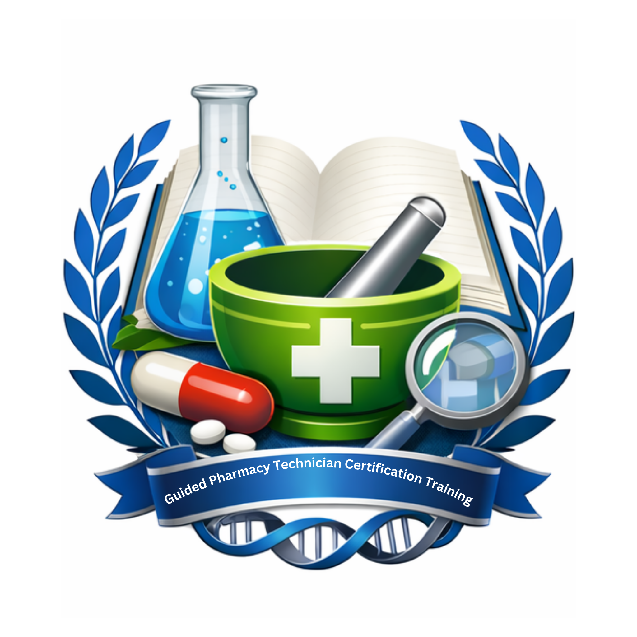 Logo for Guided Pharmacy Technician Certification Training with a mortar and pestle, beaker, books, and pills.