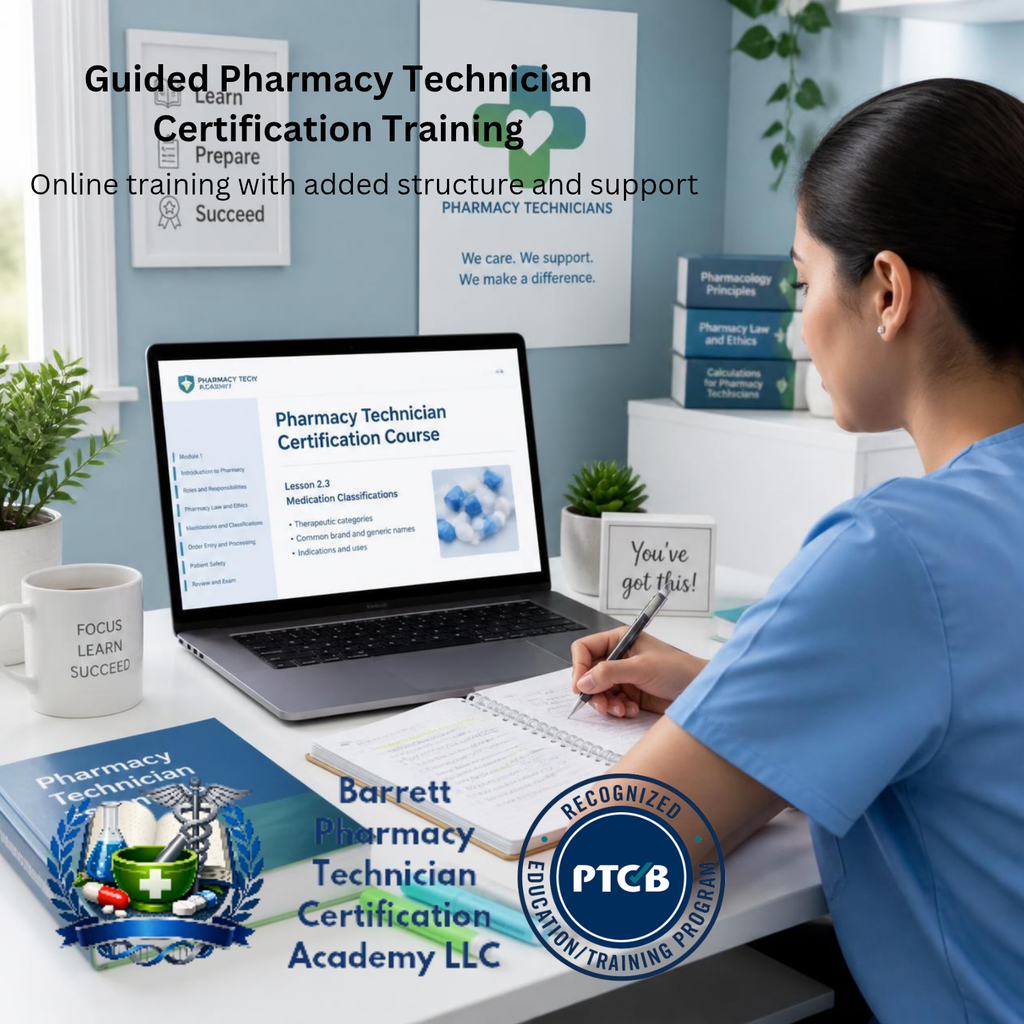 Person studying pharmacy technician certification training on a laptop with books and stationery around.
