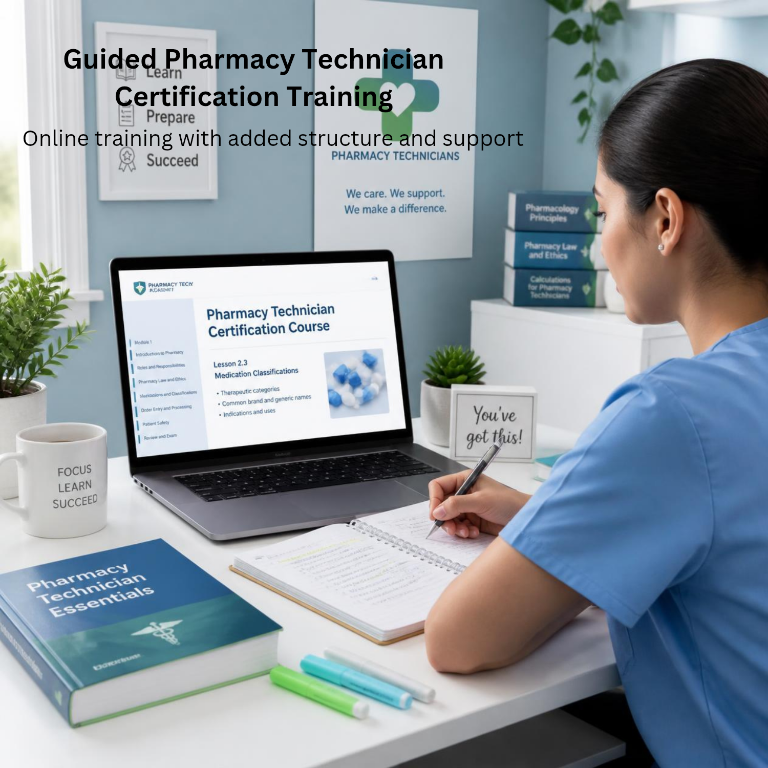 Person studying pharmacy technician certification training on a laptop with books and stationery around.