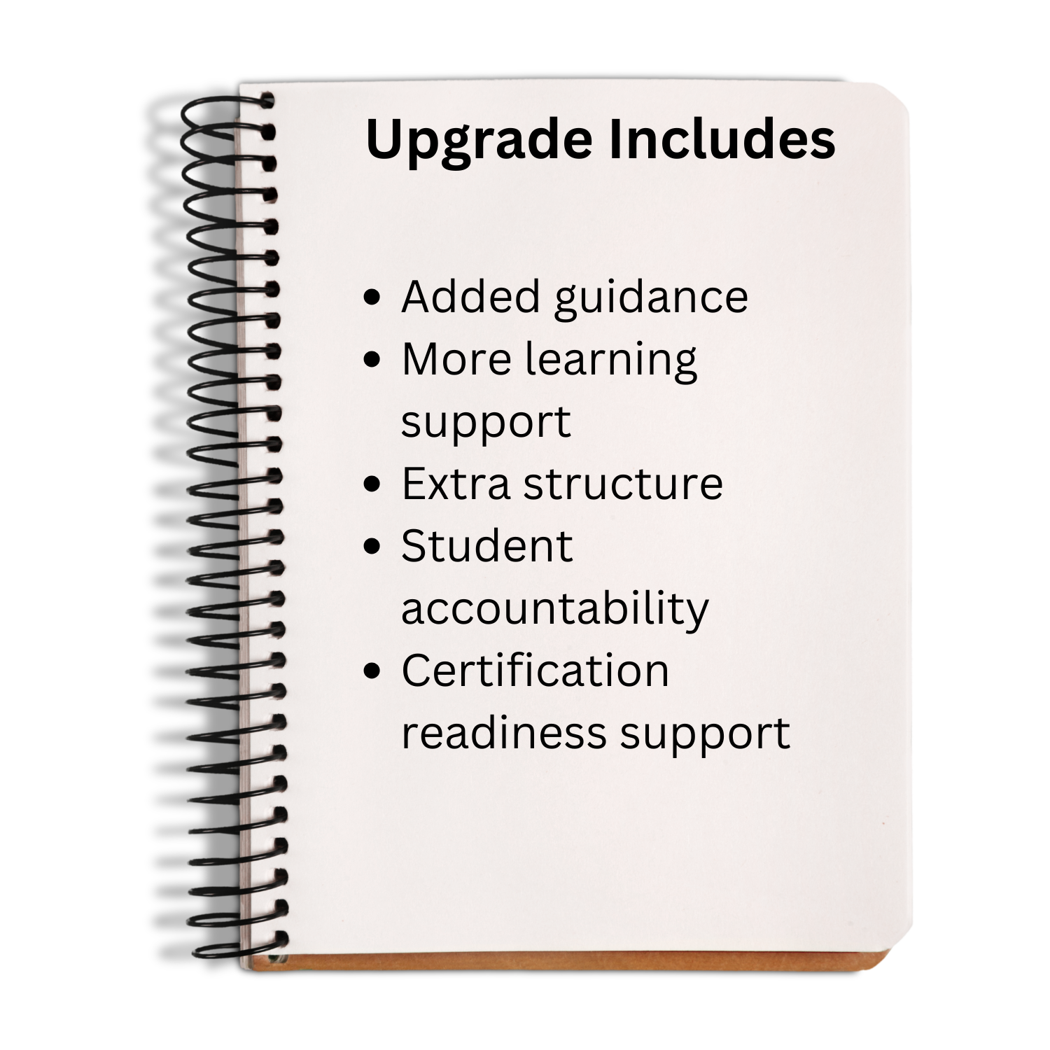 Notebook with text listing upgrade features on a white background