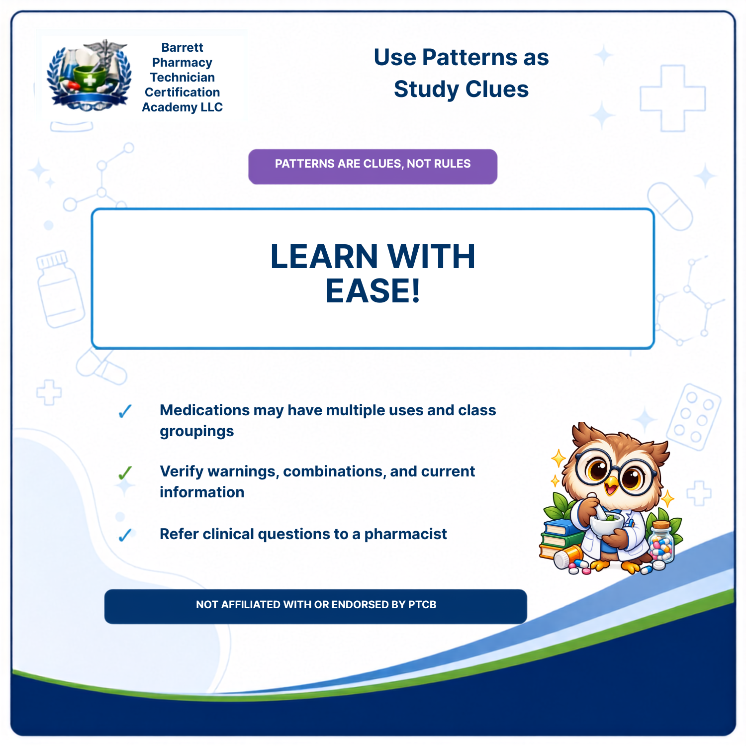 An educational study guide cover titled 'Use Patterns as Study Clues' from Barrett Pharmacy Technician Certification Academy LLC. The white cover features blue and purple text, medical icons, a cartoon owl character, and a blue footer bar.