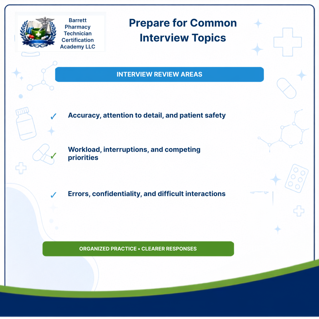 A digital informational graphic titled 'Prepare for Common Interview Topics' from Barrett Pharmacy Technician Certification Academy LLC. The slide features a white background with light blue medical-themed icons, a blue header, and a green button at the bottom that reads 'ORGANIZED PRACTICE - CLEARER RESPONSES'.
