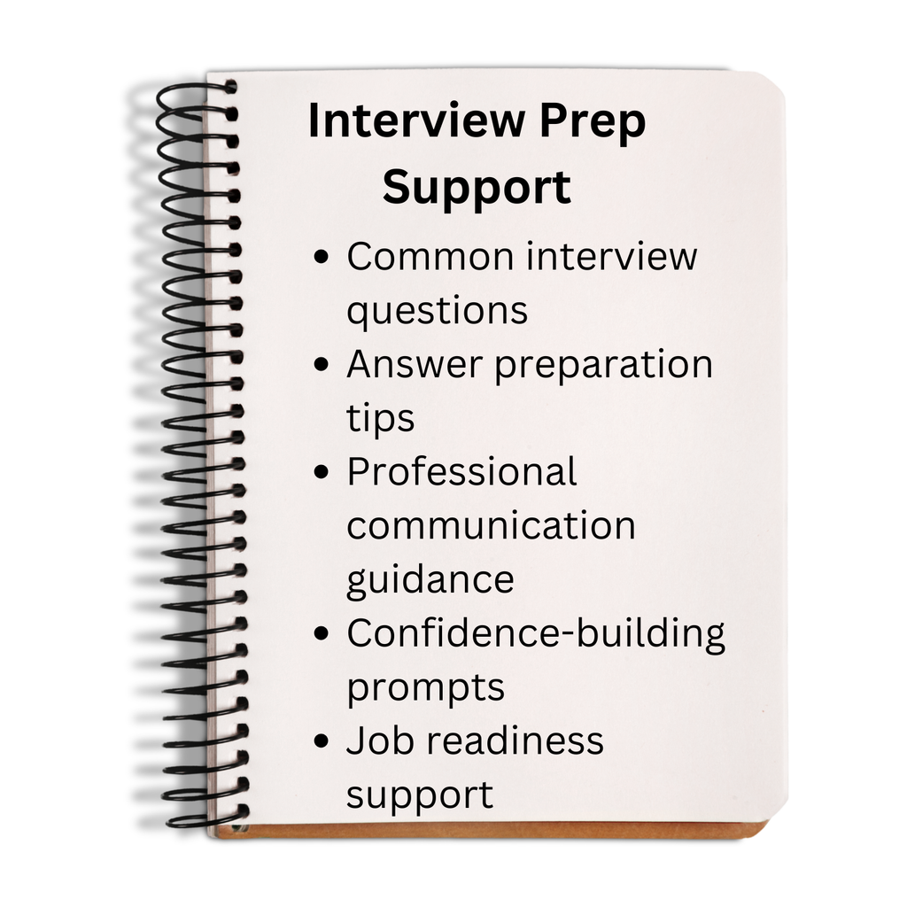 Notebook titled 'Interview Prep Support' with a list of benefits on a white background
