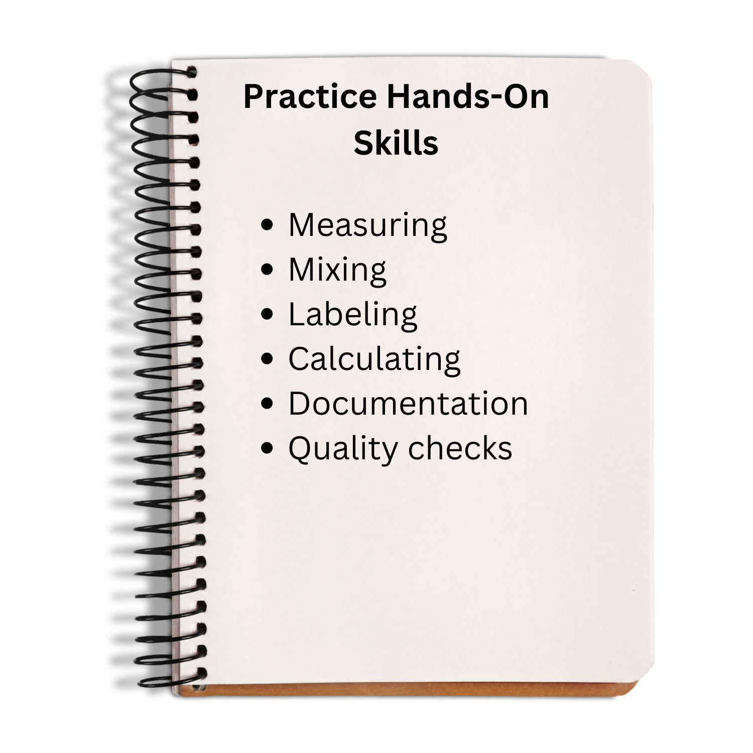 A spiral-bound notebook with a white cover and black wire binding, featuring the text 'Practice Hands-On Skills' and a bulleted list of competencies including measuring, mixing, labeling, calculating, documentation, and quality checks, shown on a white background.