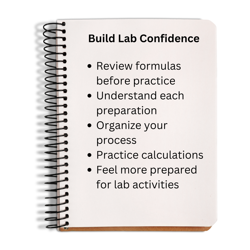 A spiral-bound notebook shown at a slight angle on a white background. The cover is off-white with black text reading 'Build Lab Confidence' followed by a bulleted list of study tips.