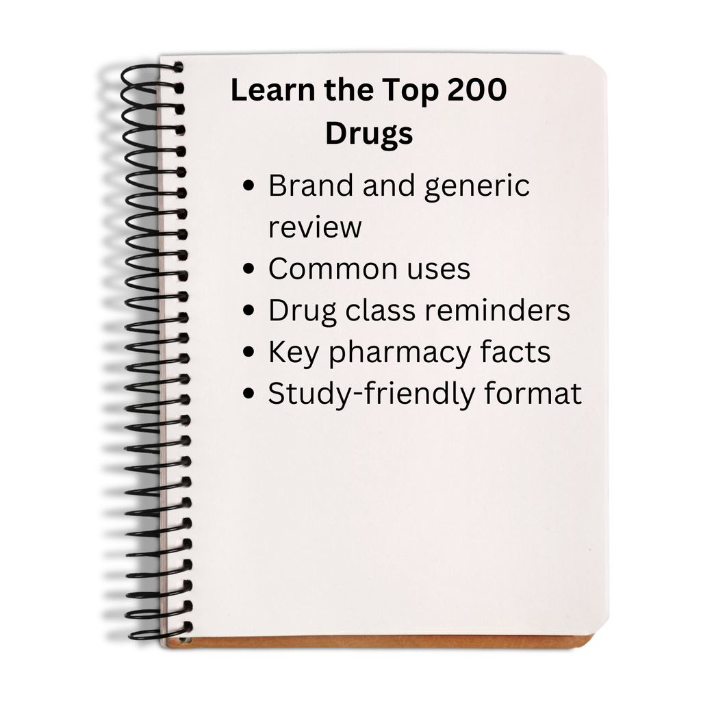 Notebook titled 'Learn the Top 200 Drugs' with text on a white background