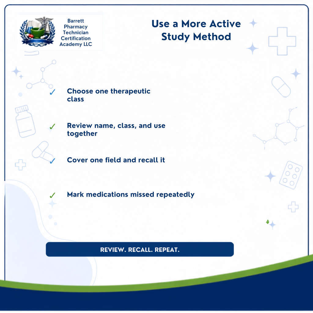 A digital informational graphic titled 'Use a More Active Study Method' with the Barrett Pharmacy Technician Certification Academy LLC logo in the upper left. The graphic lists four bullet points with checkmarks: choose one therapeutic class, review name, class, and use together, cover one field and recall it, and mark medications missed repeatedly.