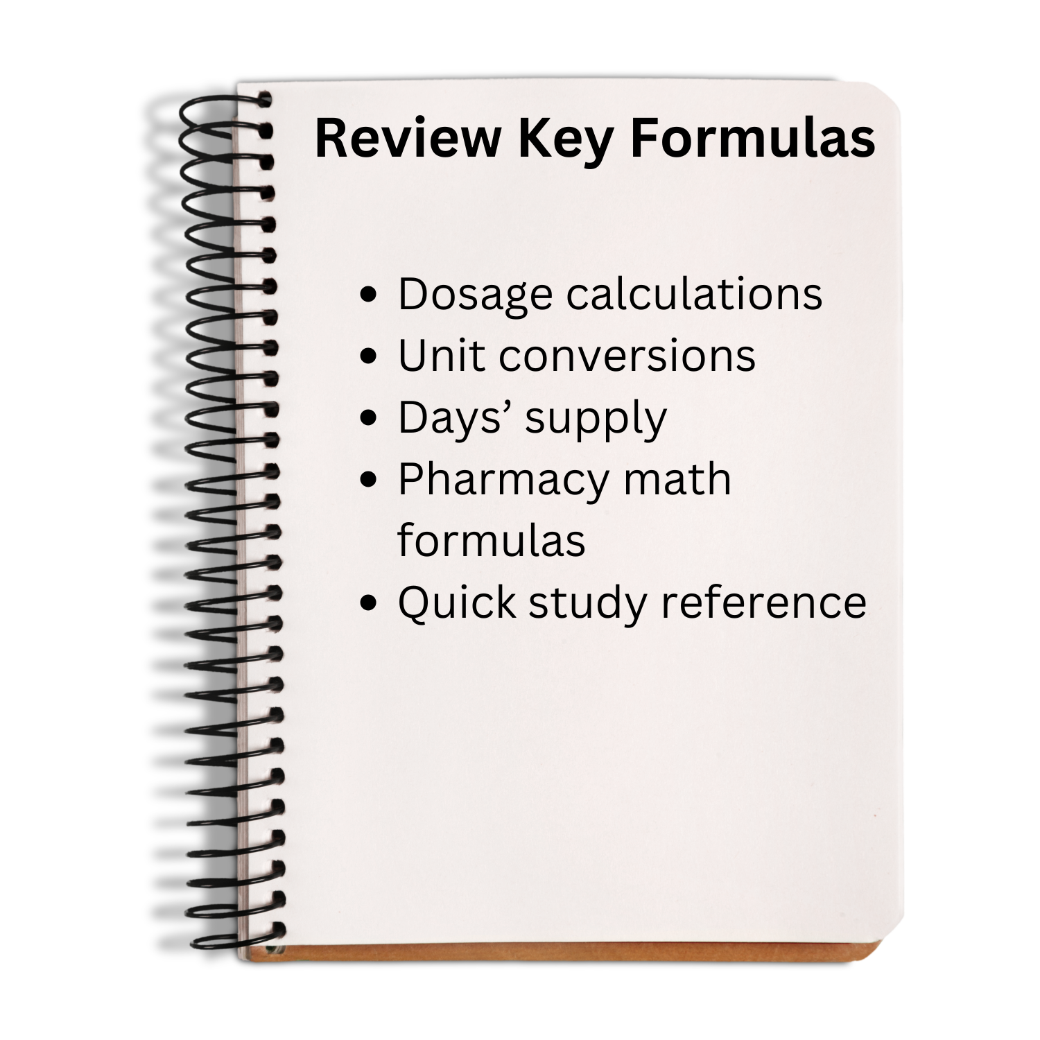 Notebook titled 'Review Key Formulas' with a list of topics on a white background