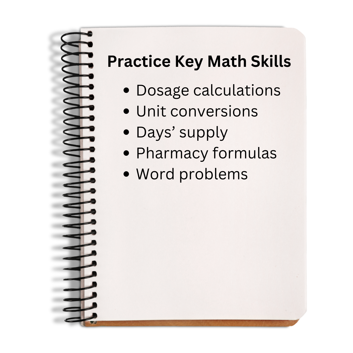 Notebook with practice key math skills list on a white background