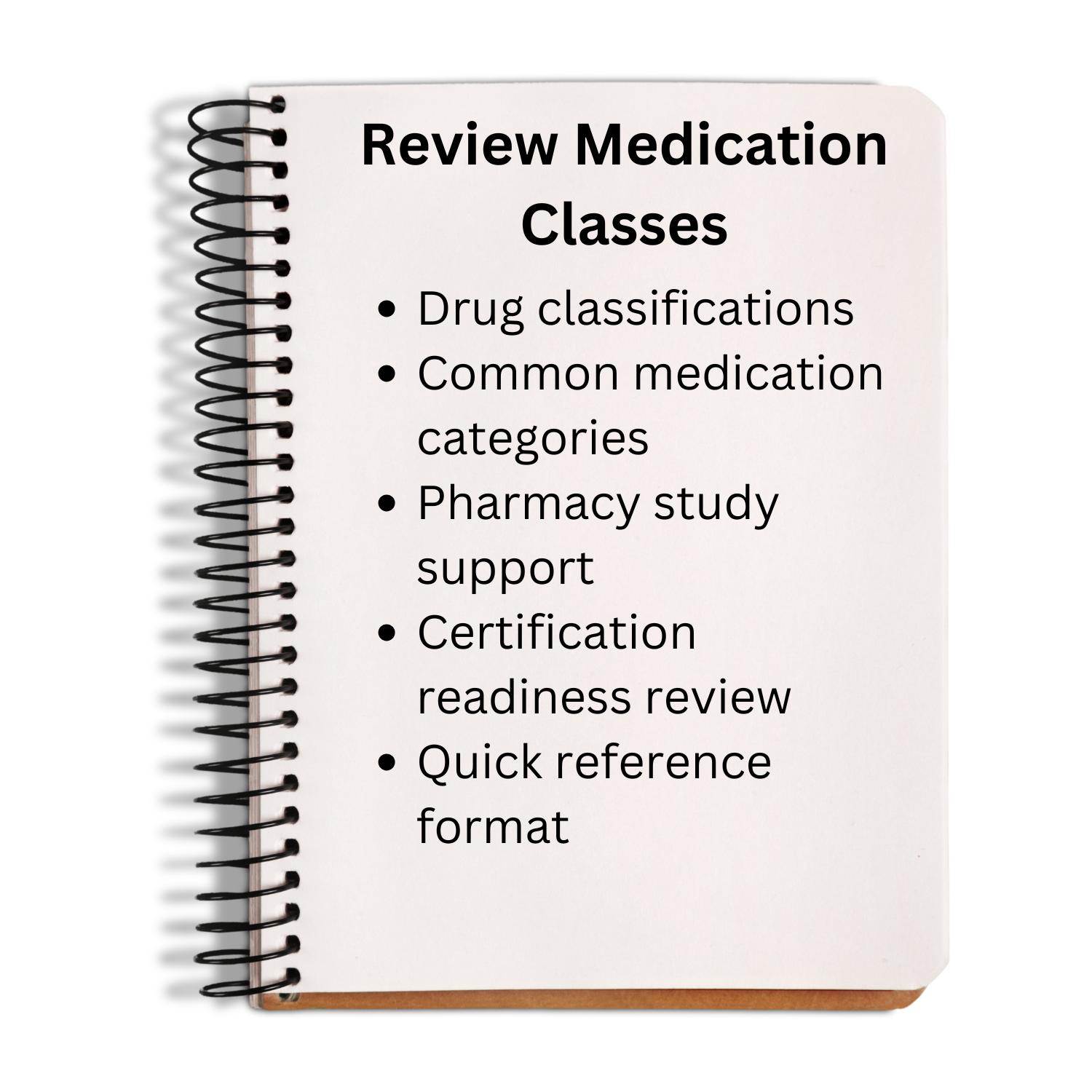 Notebook with text on medication classes on a white background