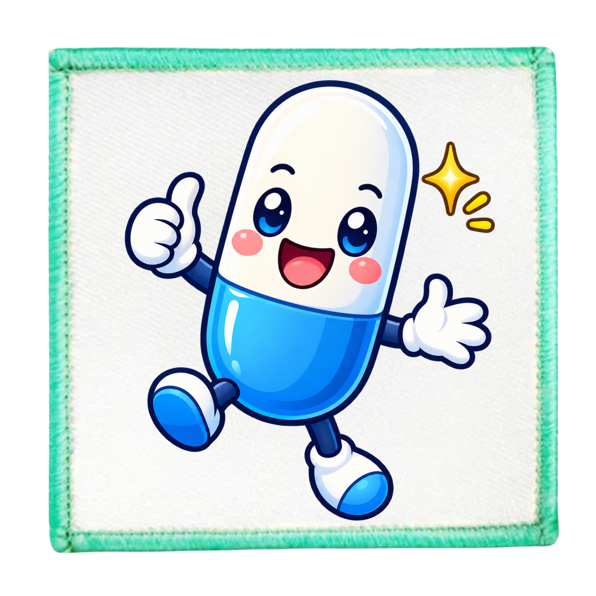A square embroidered patch featuring a cute cartoon capsule character with a white upper half and blue lower half, giving a thumbs-up and smiling, set on a white background with a mint green stitched border.