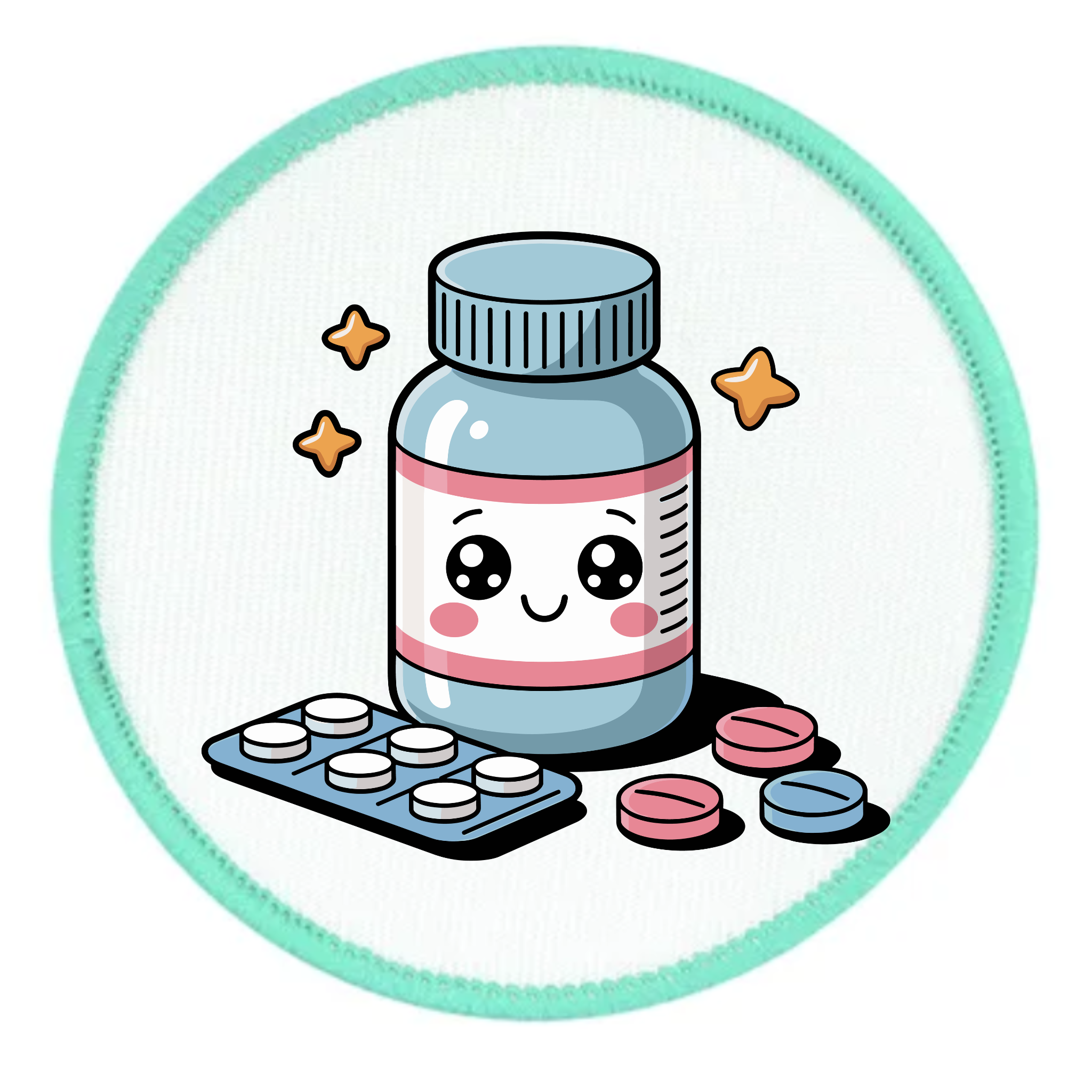 Cartoon pill bottle with a happy face on a white background