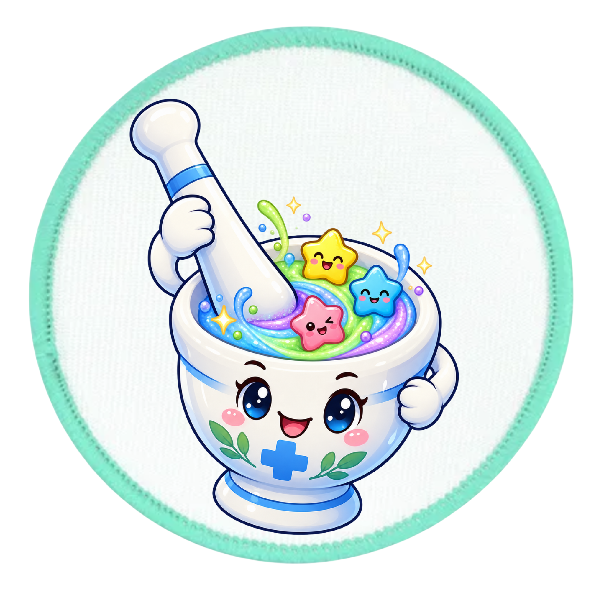 A circular patch featuring a cute cartoon illustration of a smiling white mortar and pestle filled with colorful pastel potion and star-shaped candies, set against a white background with a mint green stitched border.