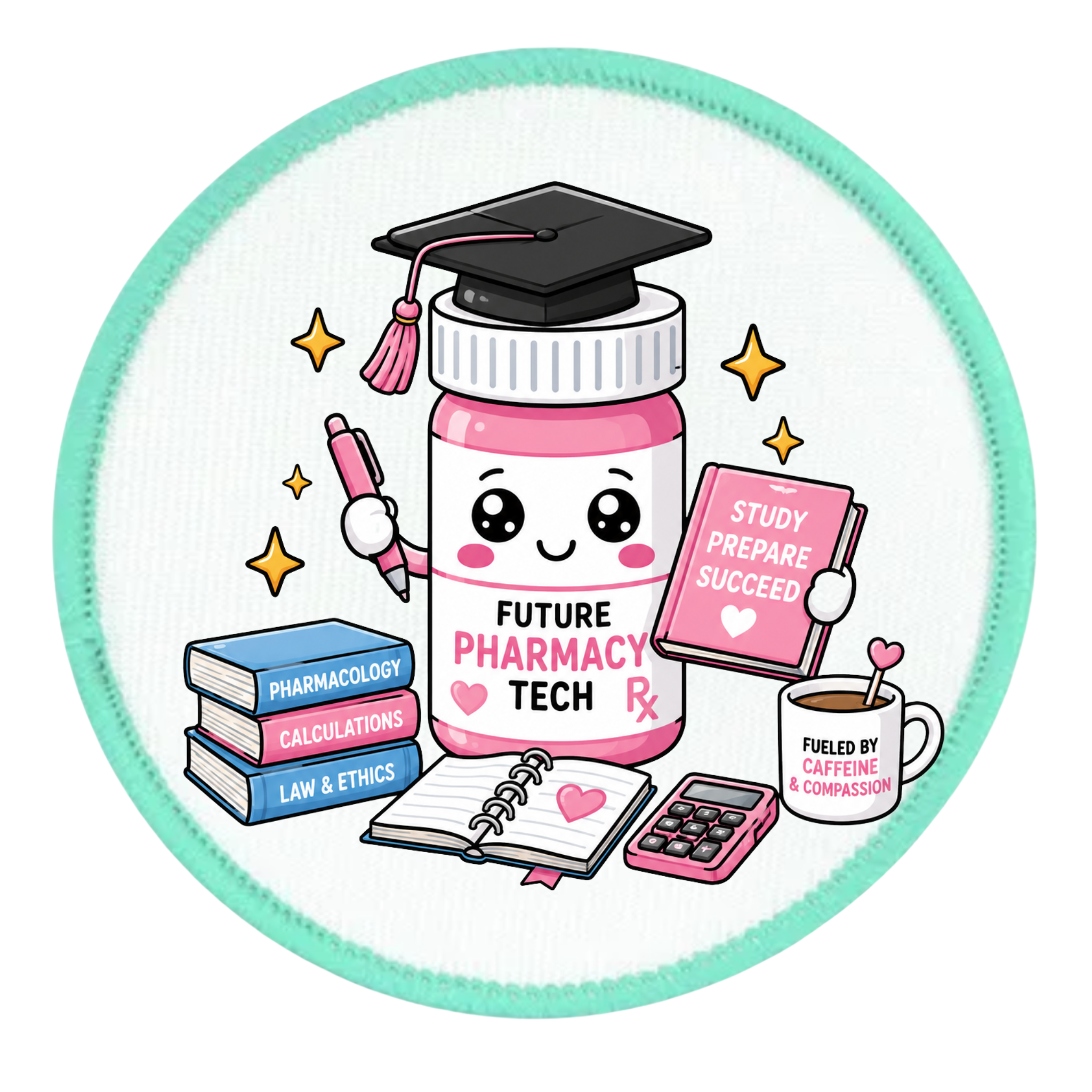 Illustration of a cartoon pharmacy tech bottle with graduation cap, books, and coffee cup on a circular background.