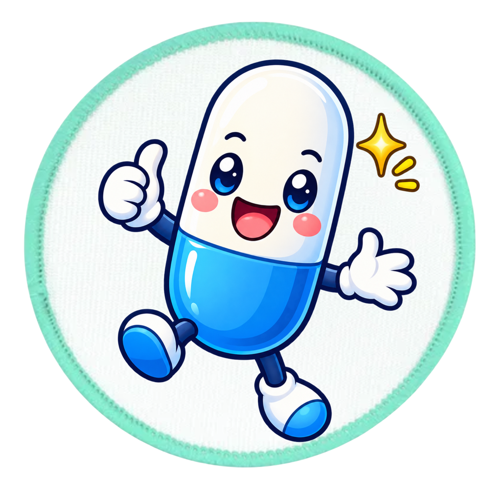 A round white patch featuring a cute cartoon pill character with a blue lower half, white upper half, smiling face, thumbs-up and waving hands, and a small yellow sparkle, all inside a mint green stitched border on a white background.