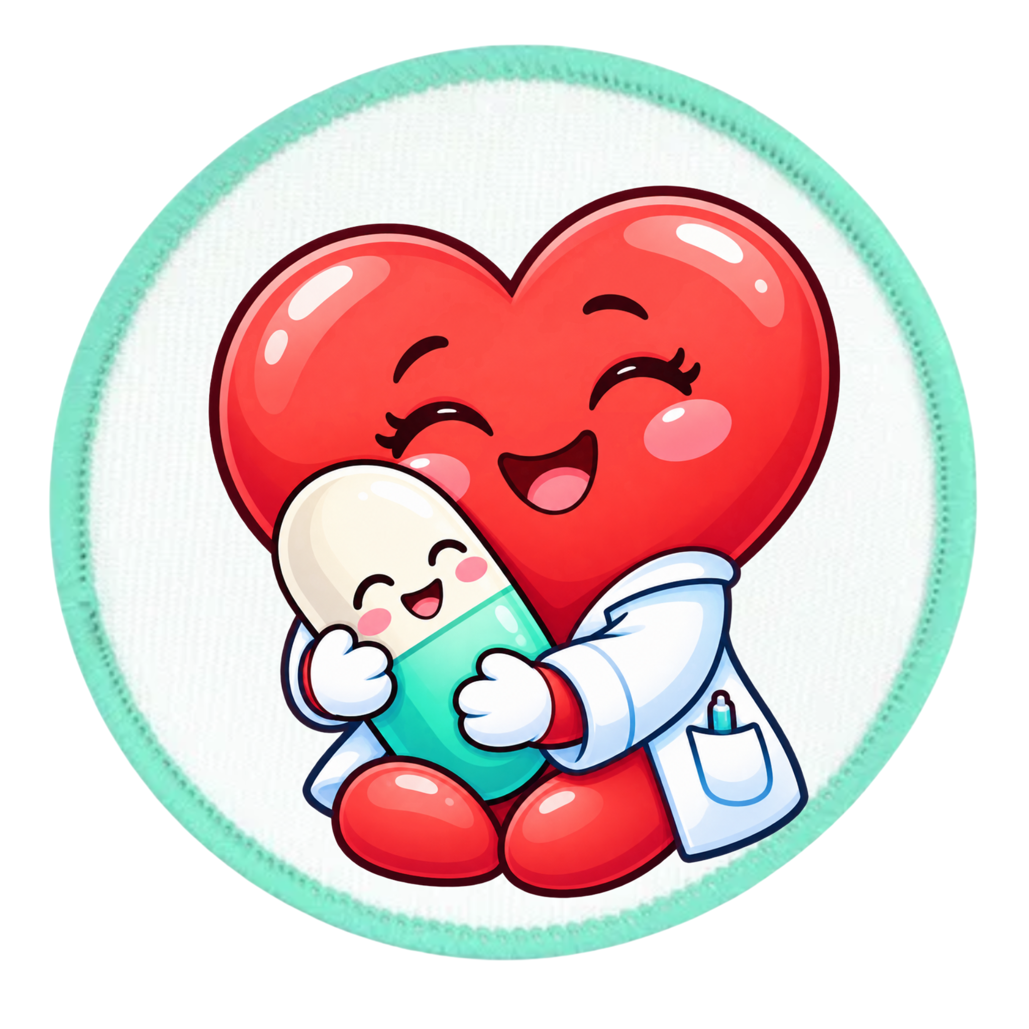 A circular patch featuring a cute cartoon illustration of a red heart hugging a white-and-teal pill, with a white coat and a mint-green border on a white background.
