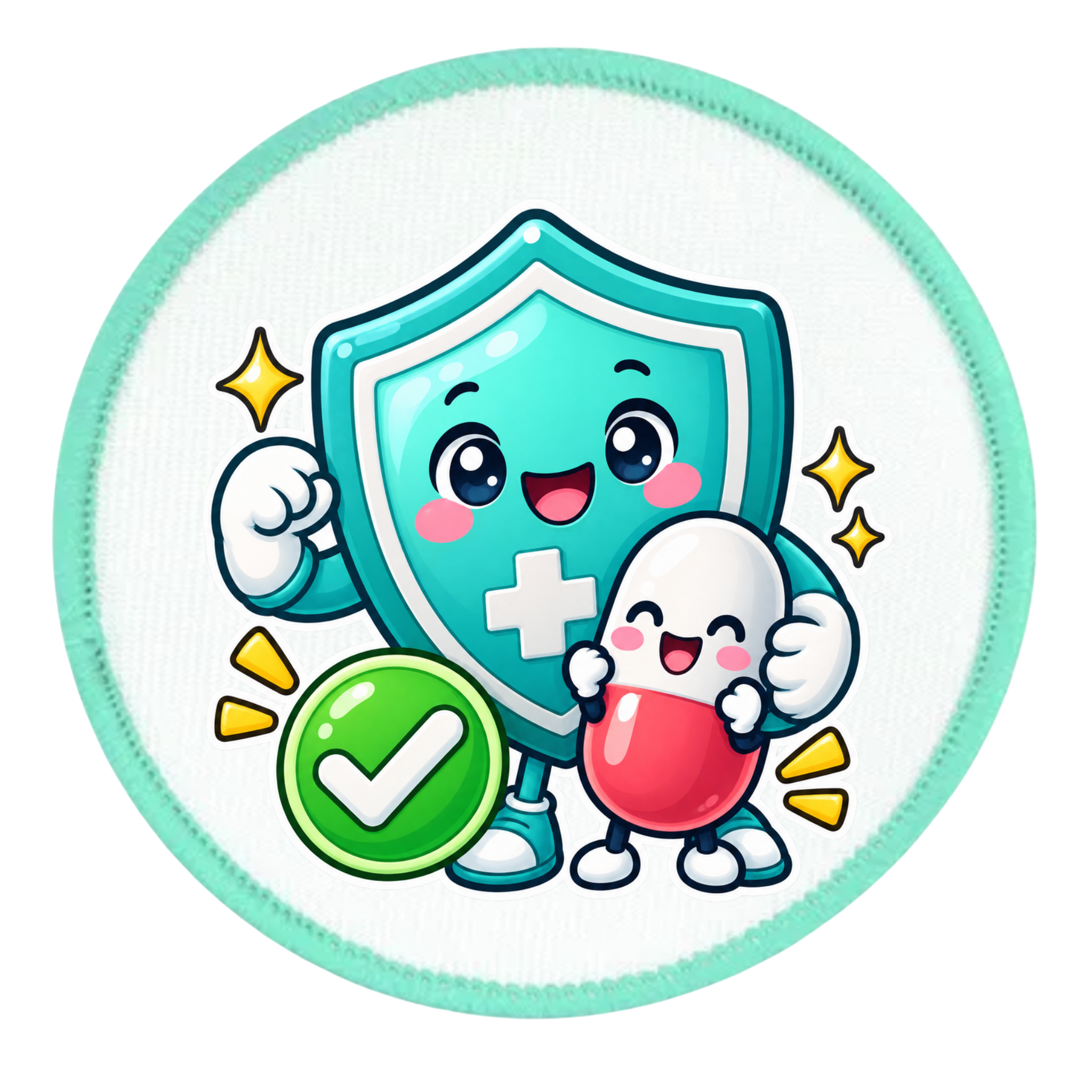 A round white patch with a mint green stitched border, featuring a cute cartoon illustration of a teal shield character with a white cross, a smiling white pill character, and a green checkmark badge.