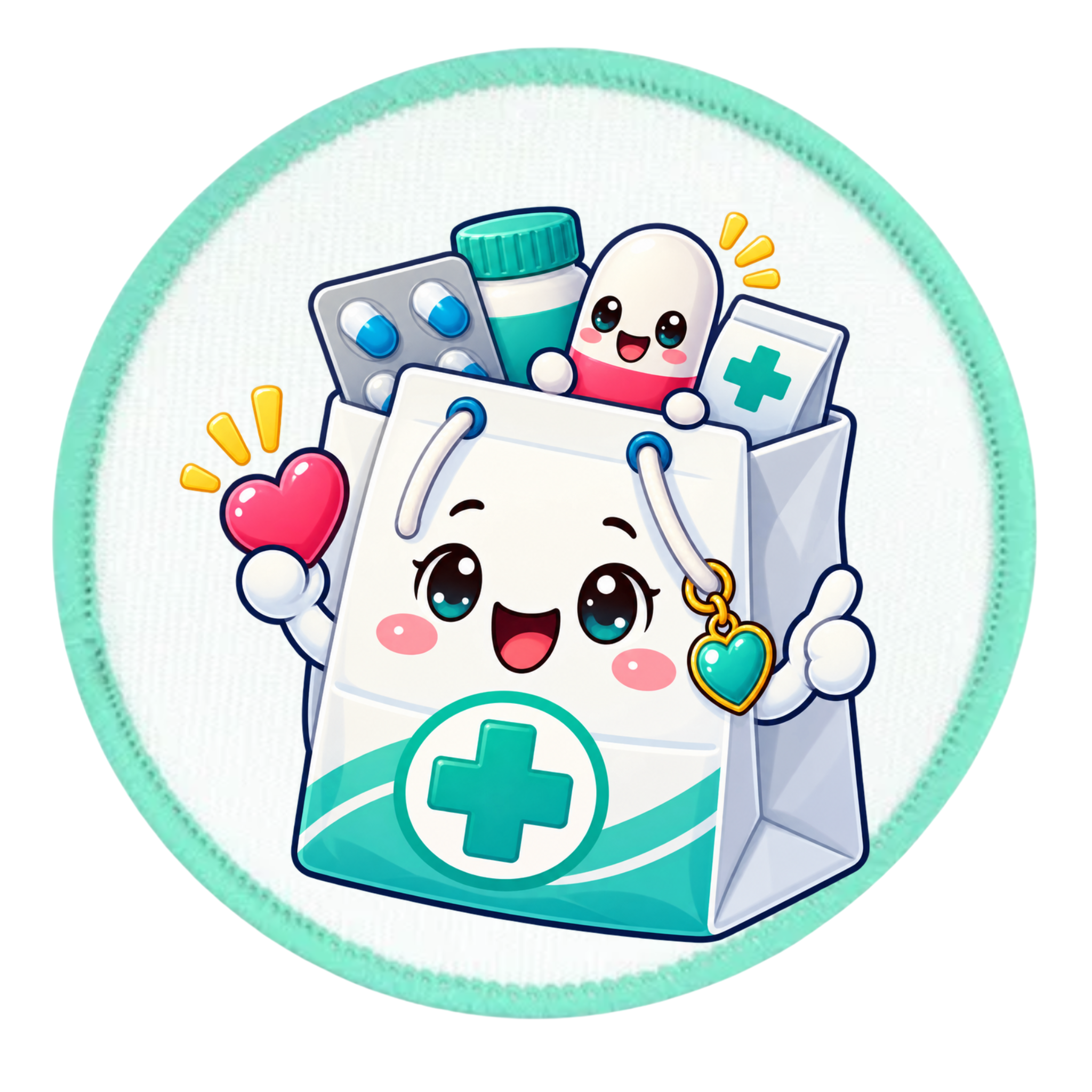 A circular cartoon sticker or patch featuring a smiling white medical bag with a green cross, holding a pink heart, blister pack, pill bottle, and small character, on a white background with a mint green border.