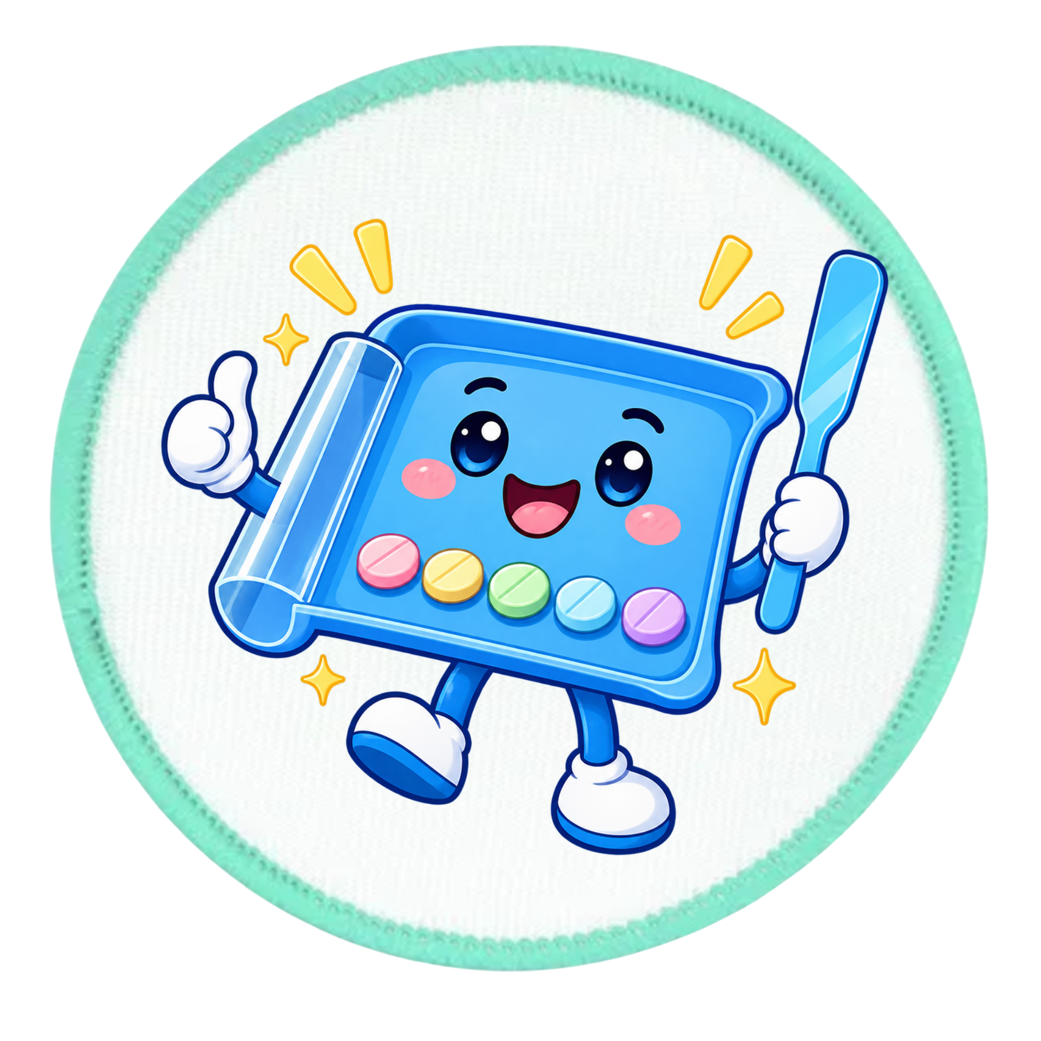 A circular white patch with a mint green border featuring a cute cartoon illustration of a blue cleaning sponge character holding a scrubber and giving a thumbs-up.