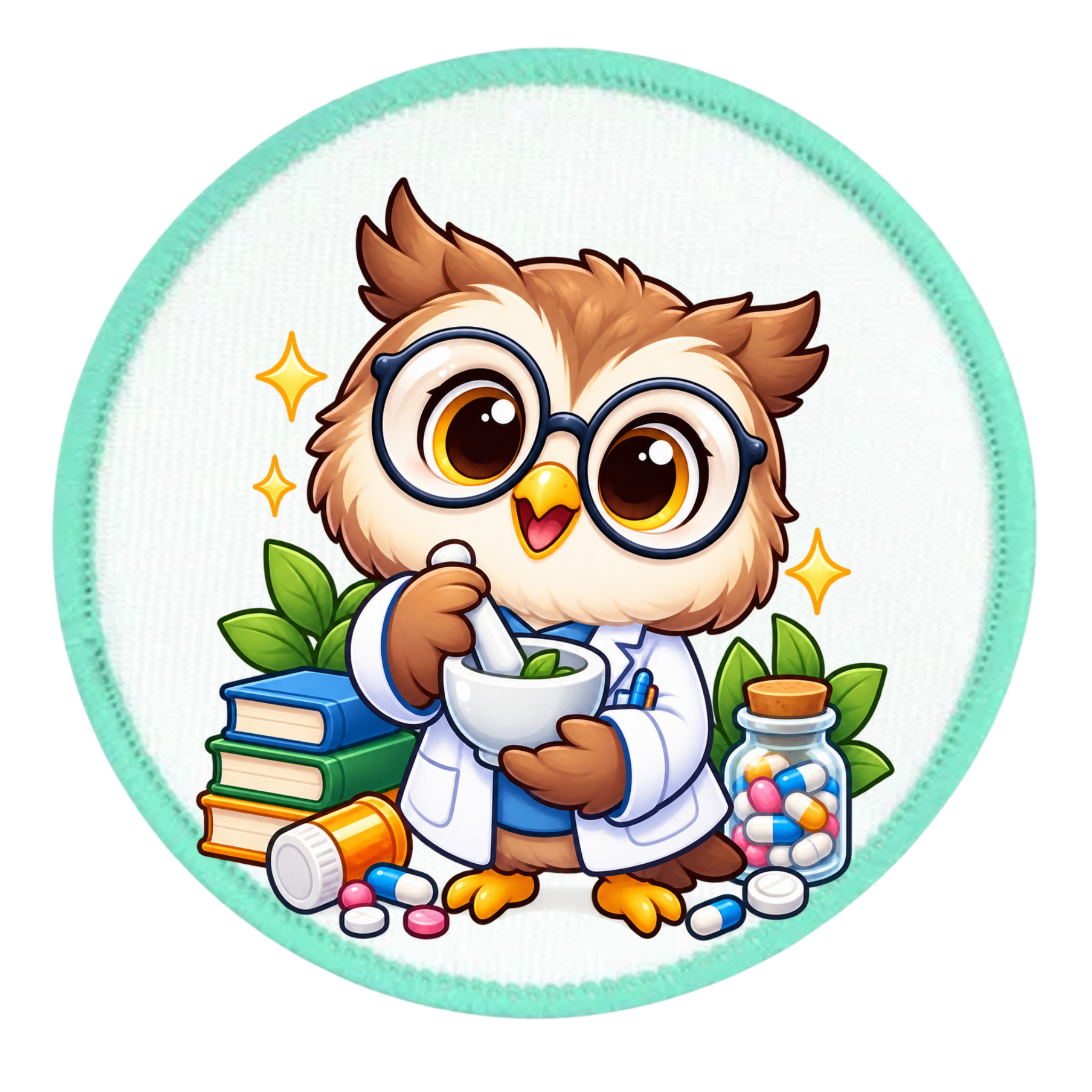 A circular sticker or patch featuring a cute cartoon owl dressed as a doctor, wearing round glasses, a white lab coat, and holding a mortar and pestle. The owl is surrounded by books, leaves, and a pill bottle filled with colorful capsules, all on a white background with a mint green circular border.