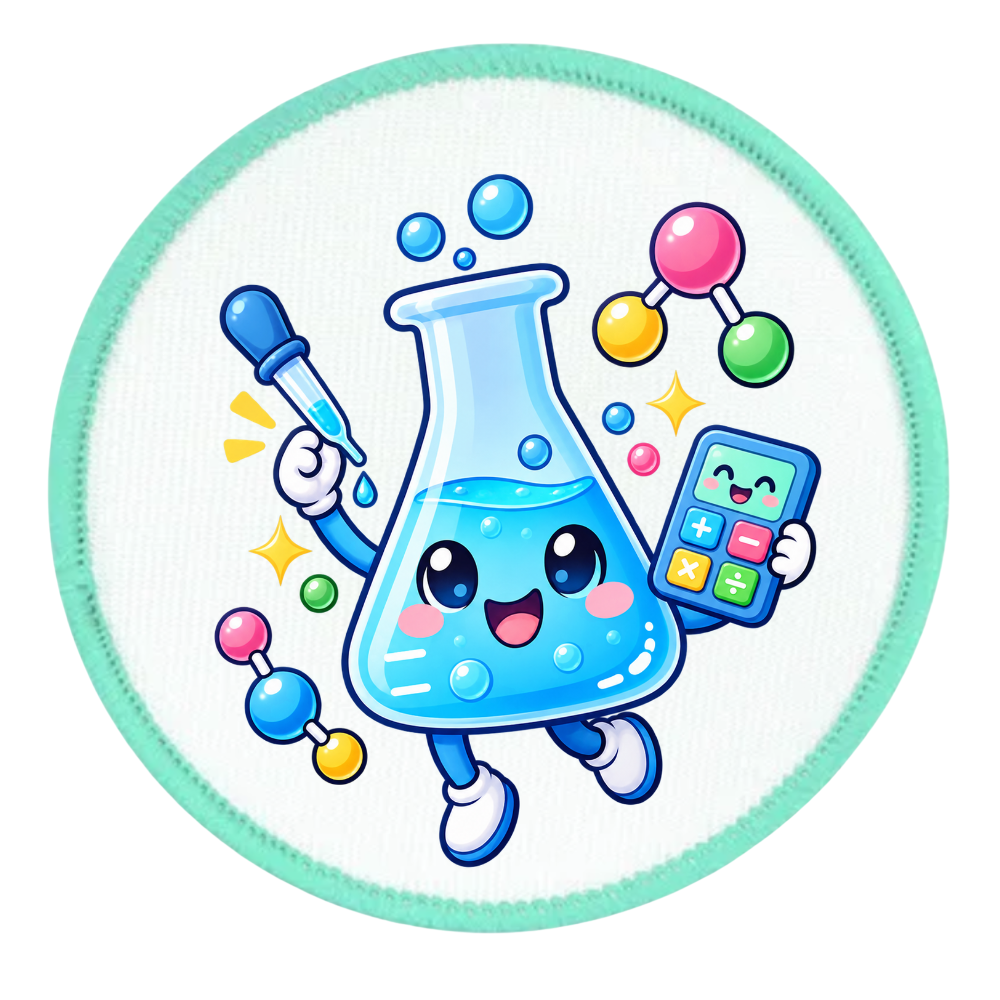 A circular patch or sticker featuring a cute cartoon science illustration. The design shows a smiling blue beaker holding a dropper and calculator, surrounded by colorful molecular models, bubbles, and sparkles on a white background with a mint green border.