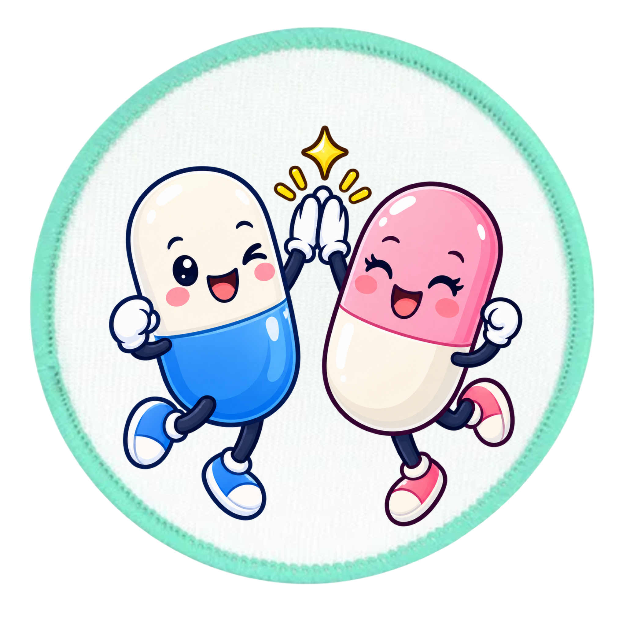 A circular patch featuring a cute cartoon illustration of two high-fiving capsules. One capsule is blue and white, and the other is pink and white, both smiling with a small yellow star above their hands.