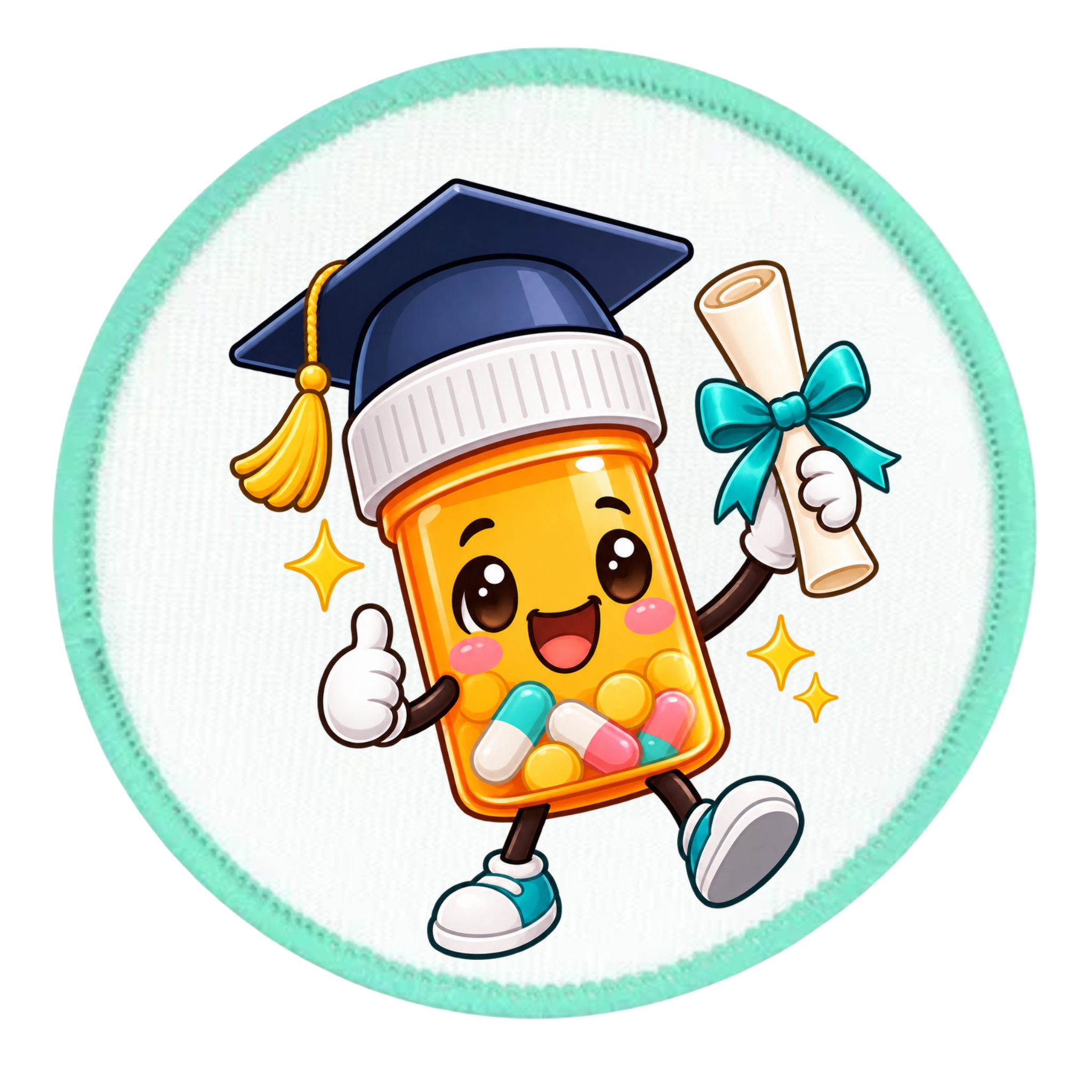 A circular sticker or patch featuring a cute cartoon pill bottle character wearing a graduation cap and holding a diploma, with colorful capsules inside and a mint green border.