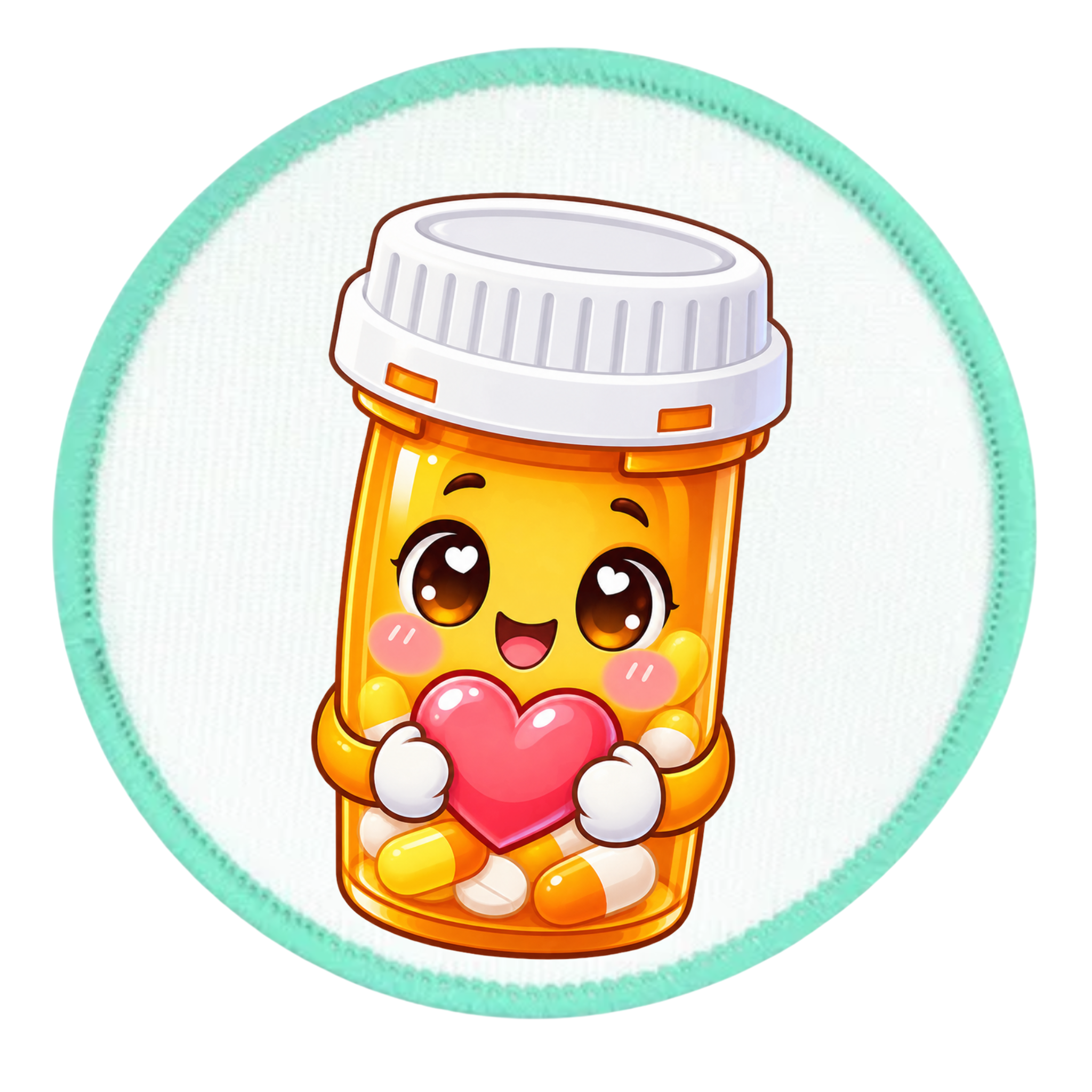A circular patch featuring a cute cartoon pill bottle character with a white cap, holding a pink heart. The bottle is yellow-orange with white and yellow capsules inside, set against a white background with a mint green circular border.