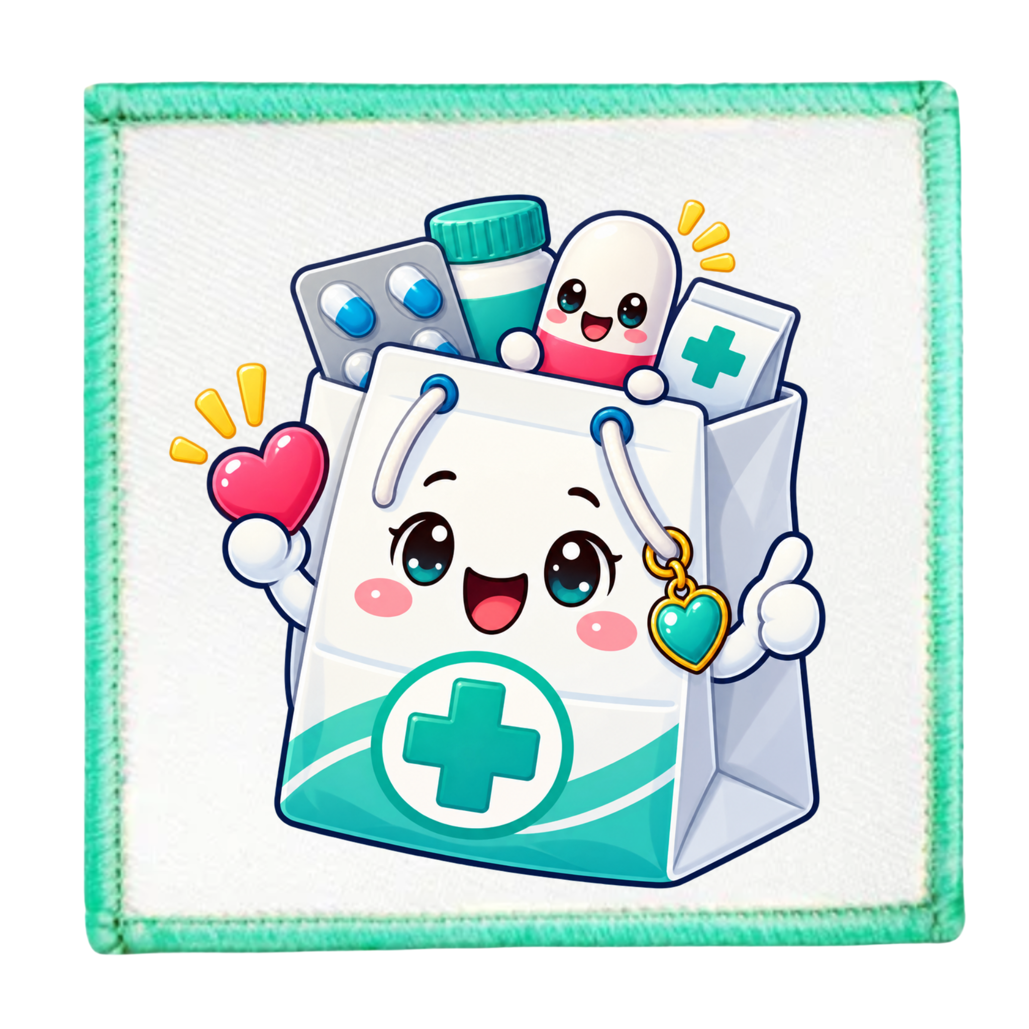 A square white patch with a stitched mint green border, featuring a cute cartoon illustration of a white medical supply bag with a smiling face, a green cross emblem, and various medical items peeking out.