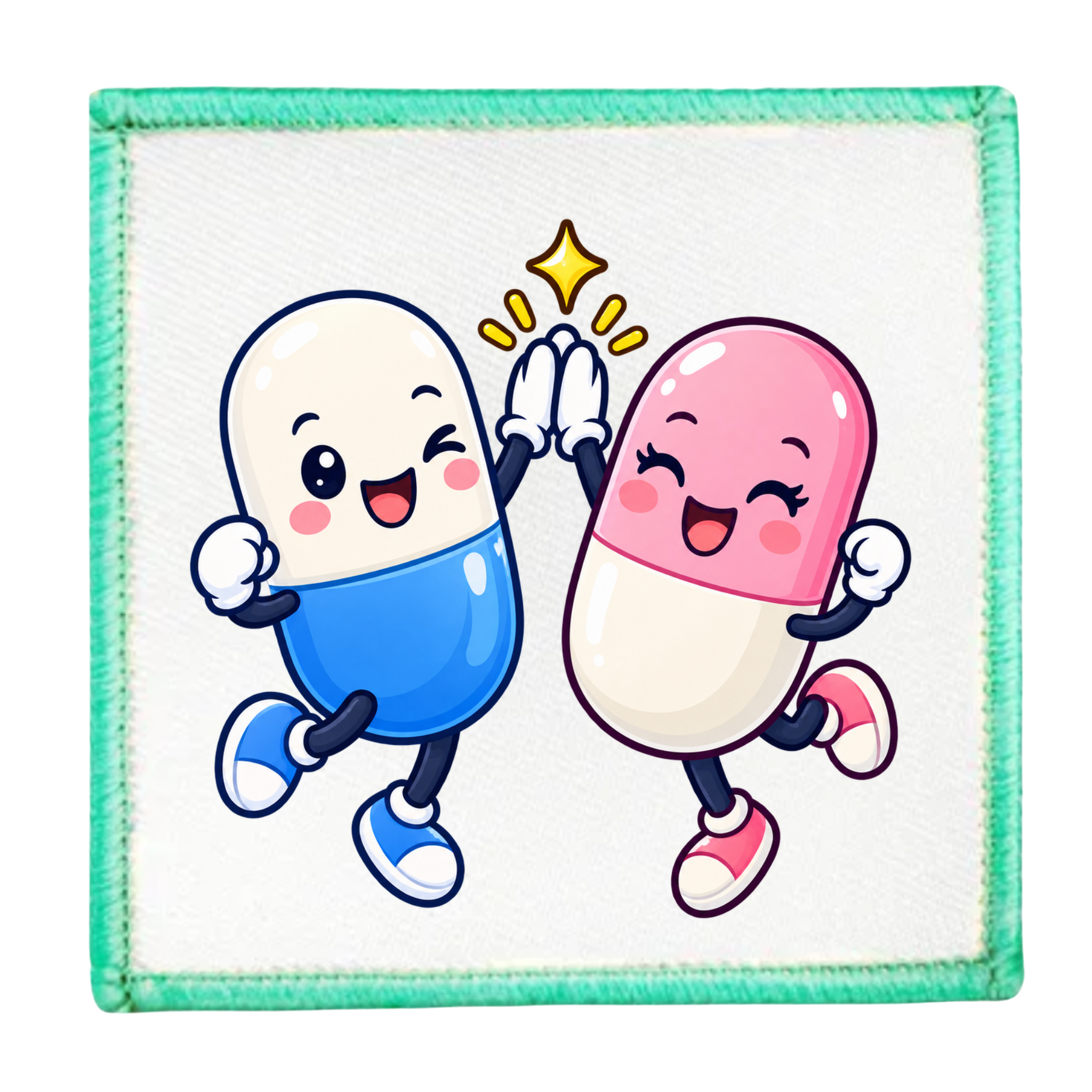 A square white patch with a mint green stitched border, featuring a cute cartoon illustration of two high-fiving capsules. One capsule is blue and white, and the other is pink and white, both smiling with a yellow starburst above their hands.