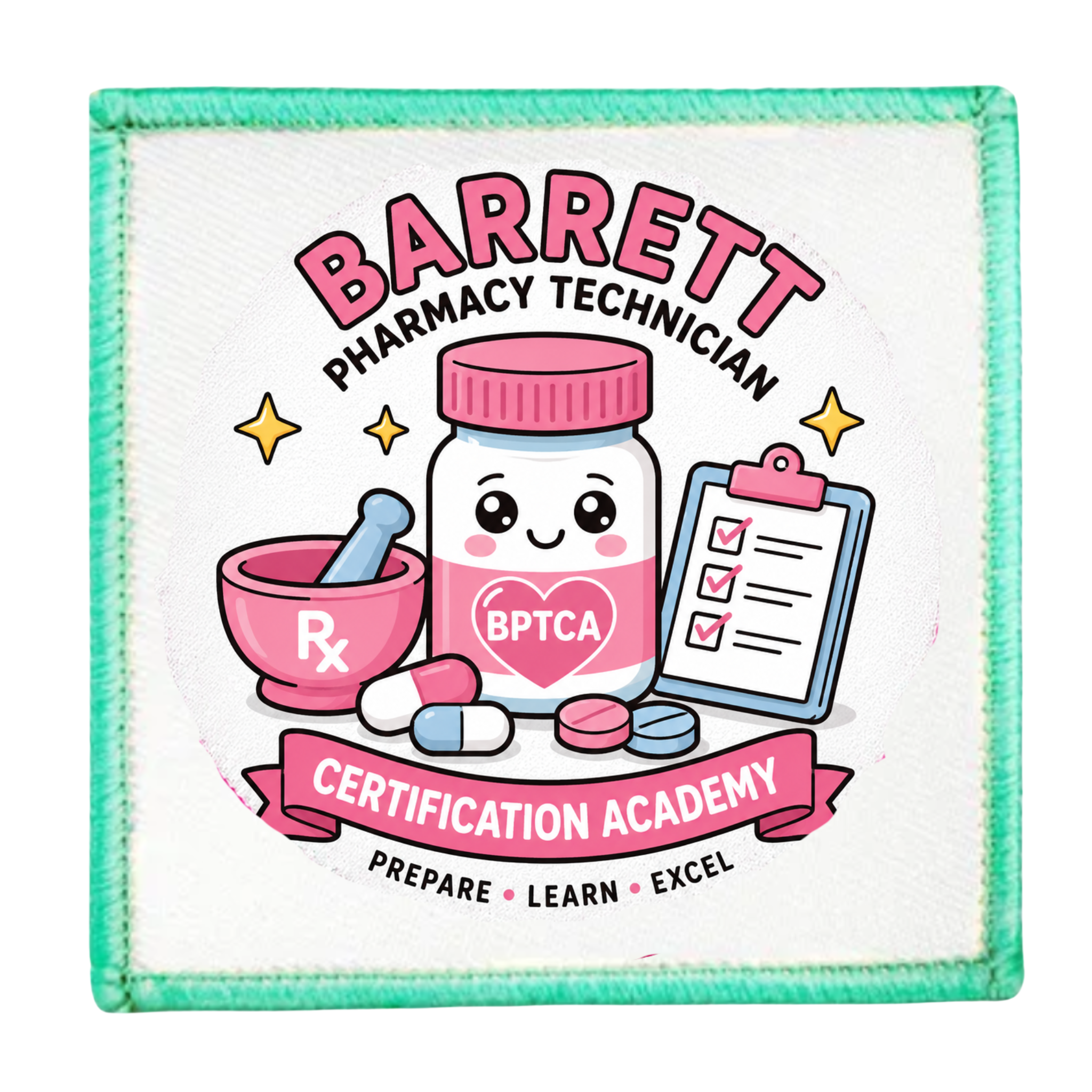 Patch with cartoon pharmacy-themed design and text 'Barrett Pharmacy Technician Certification Academy' on a white background.