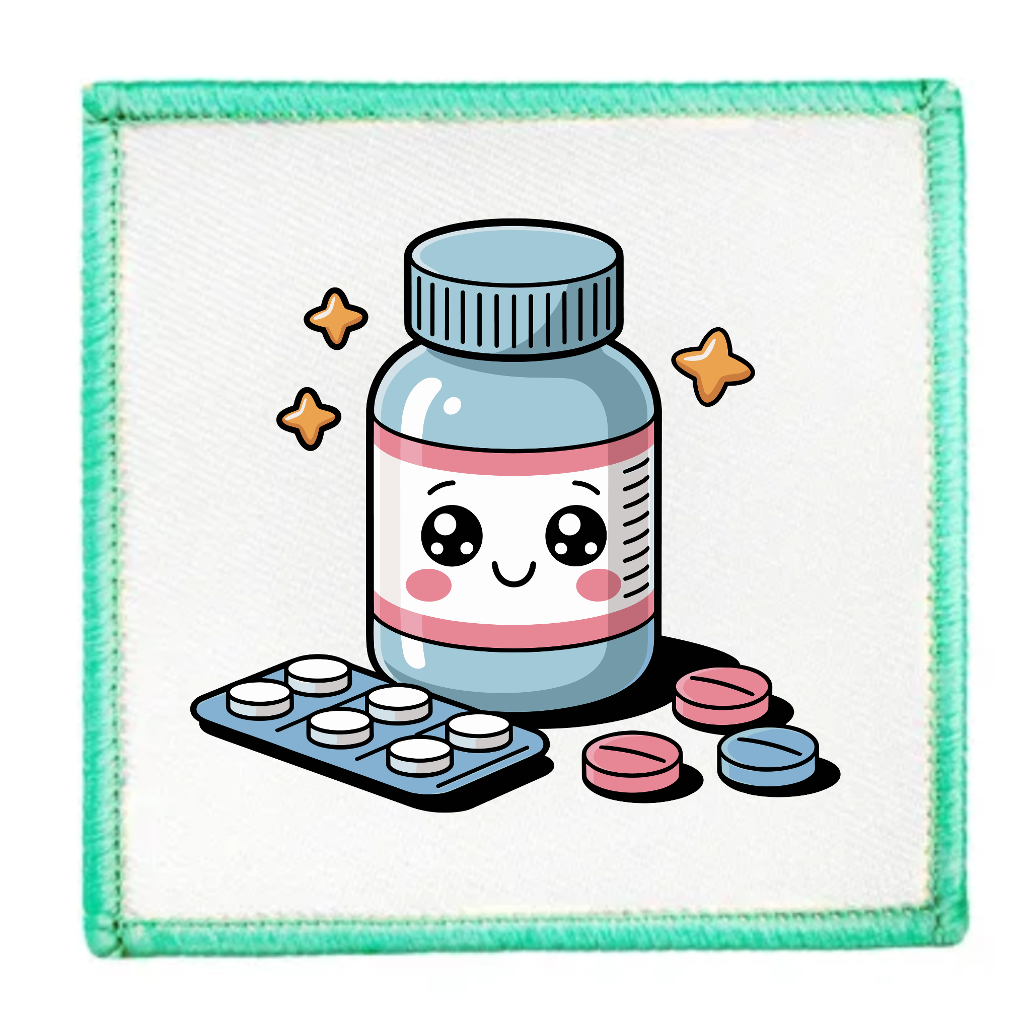 Patch with a cartoon pill bottle and tablets on a white background