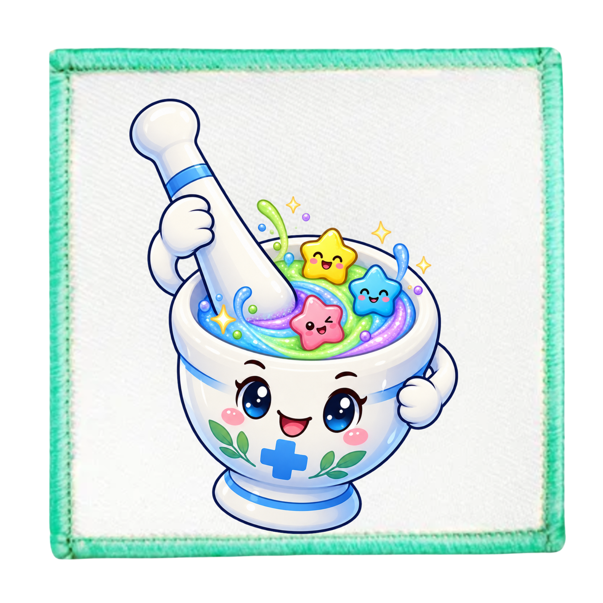 A square white patch with a stitched mint green border, featuring a cute cartoon illustration of a smiling white mortar and pestle filled with colorful star-shaped candies and rainbow swirls.