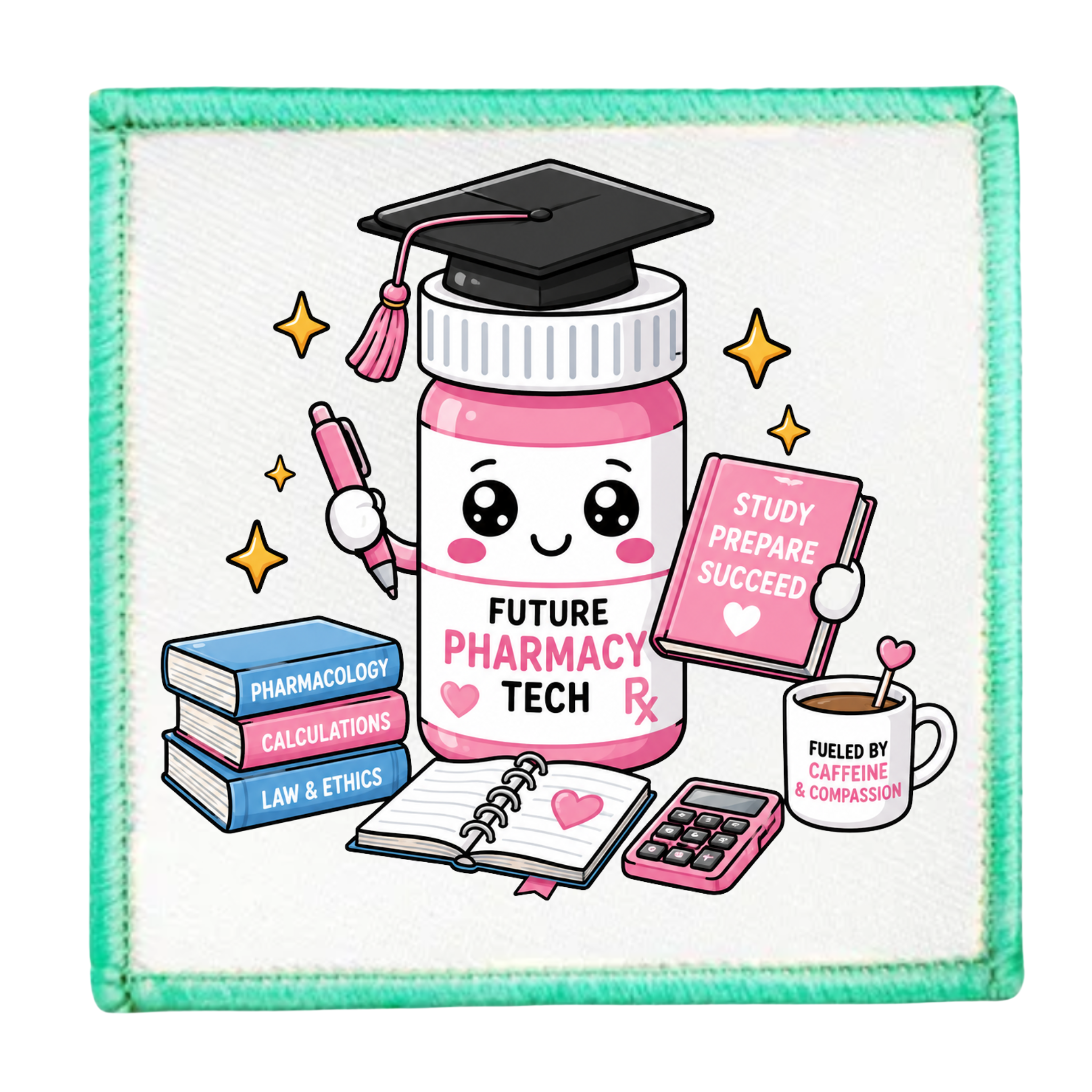 Patch with a cartoon pharmacy bottle character and educational items on a white background