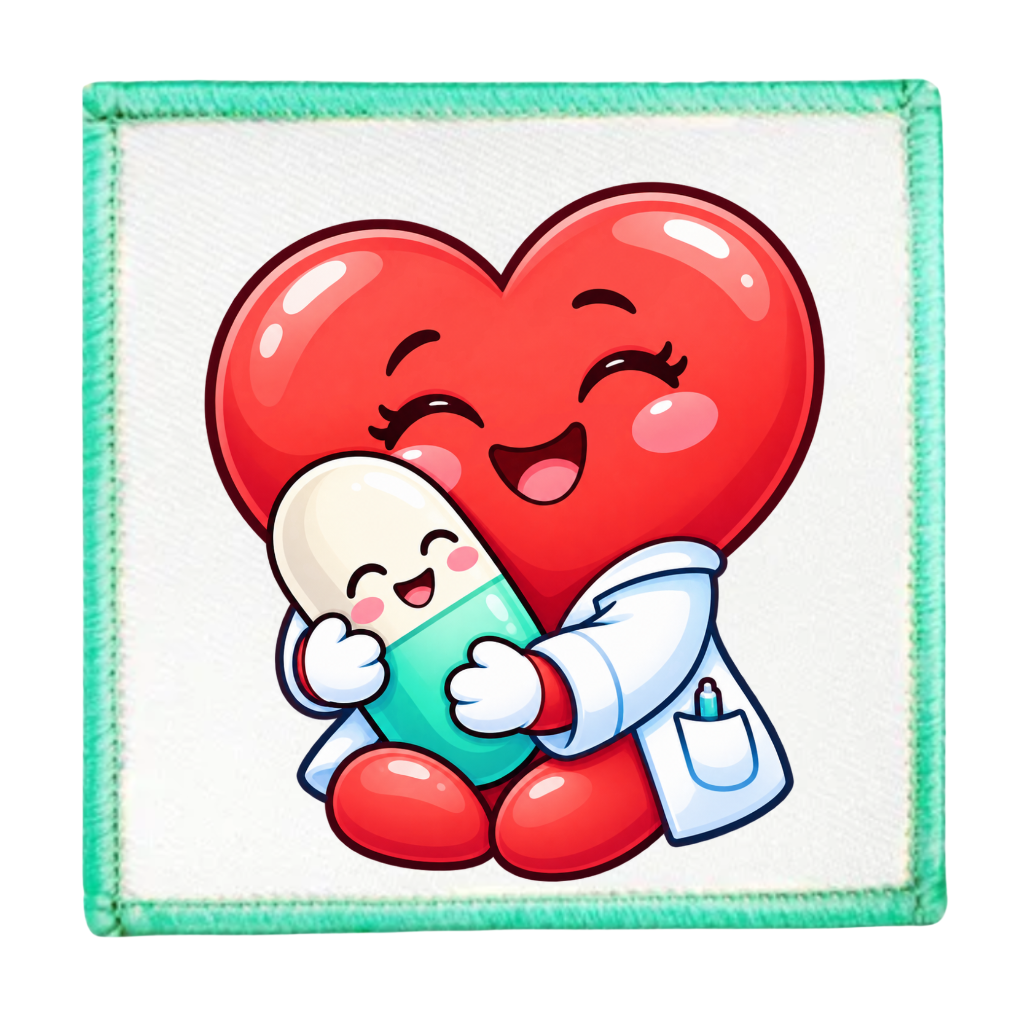 A square embroidered patch featuring a cute cartoon heart and pill character hugging, surrounded by a white stitched center and a mint green border.