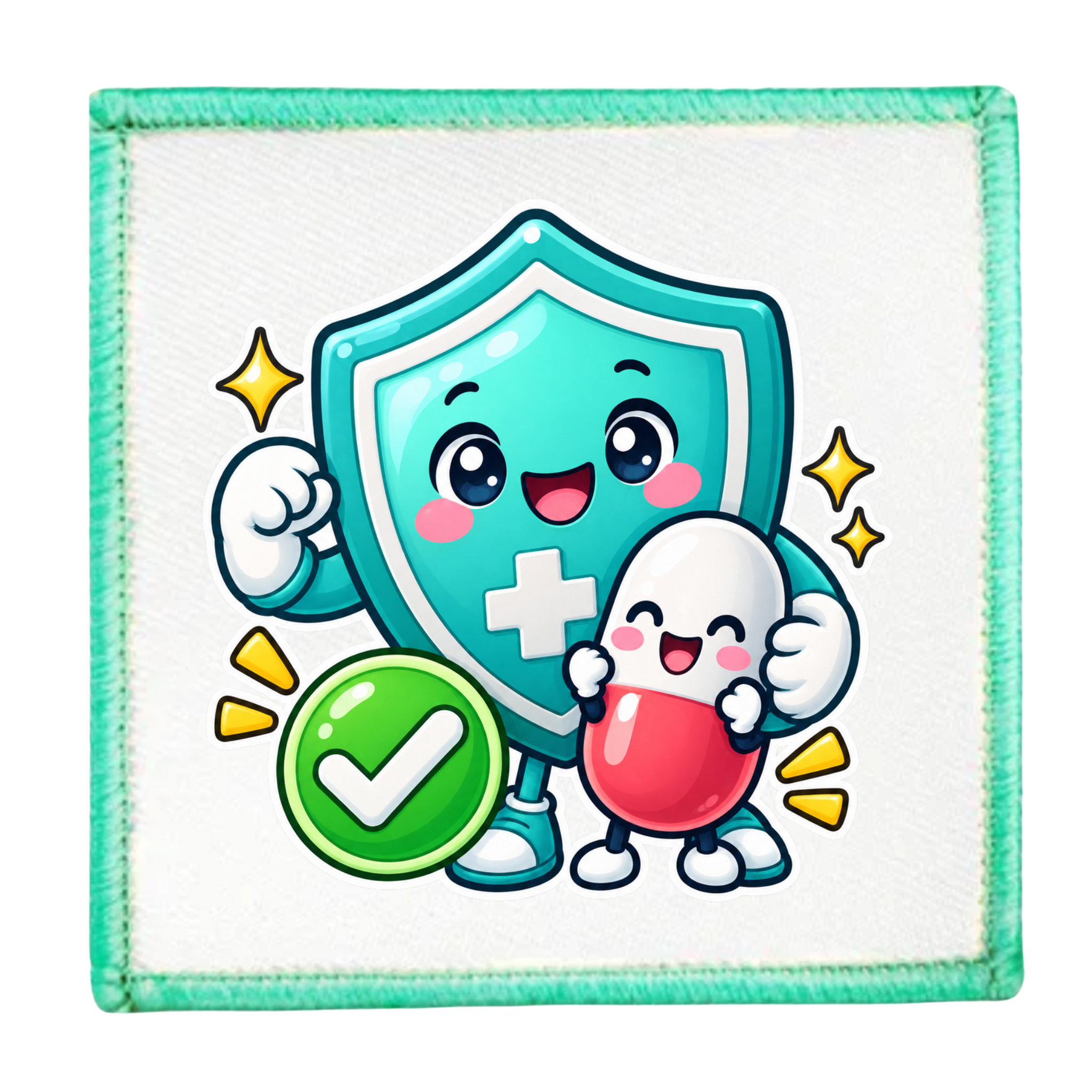 A square white patch with a stitched mint green border, featuring a cute cartoon illustration of a teal shield character with a white cross, a smiling white pill character, and a green checkmark badge.