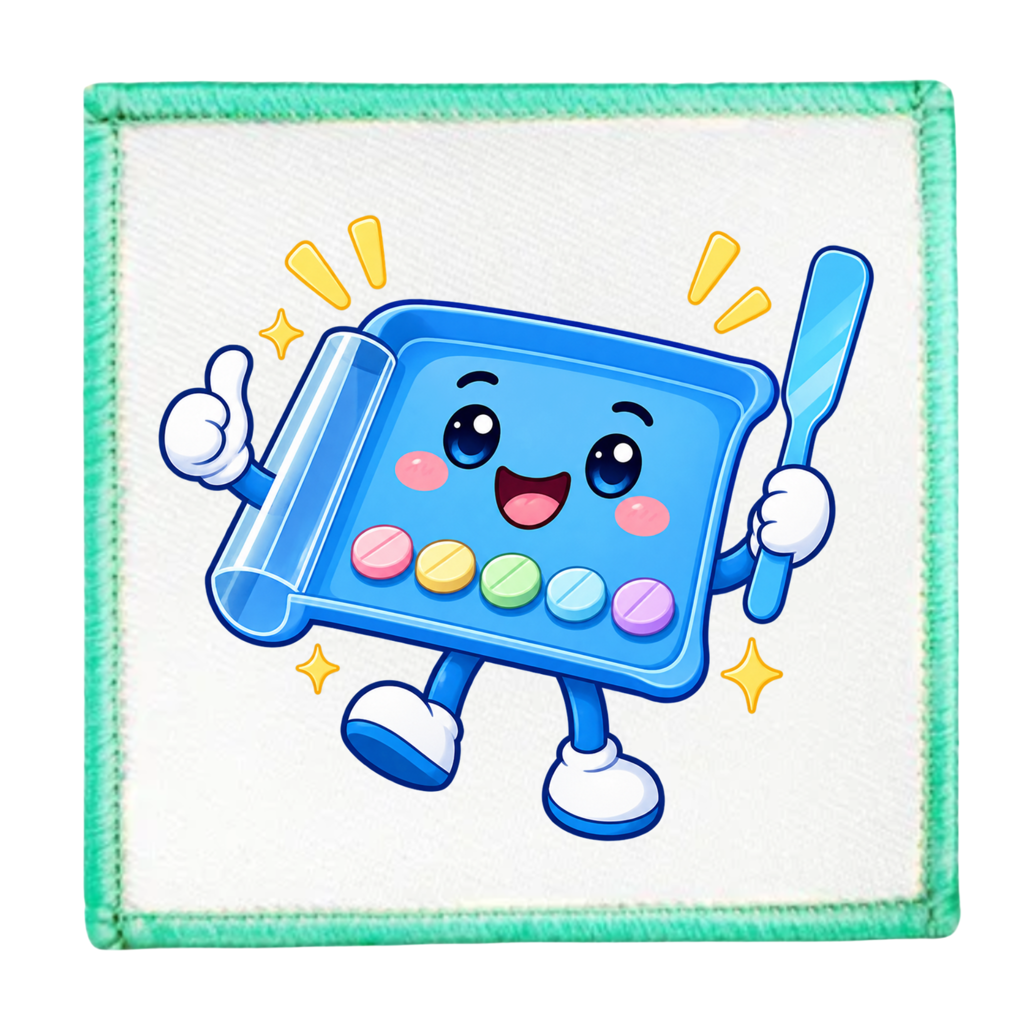 A square white patch with a green stitched border, featuring a colorful cartoon illustration of a blue cleaning sponge character holding a brush and giving a thumbs-up.
