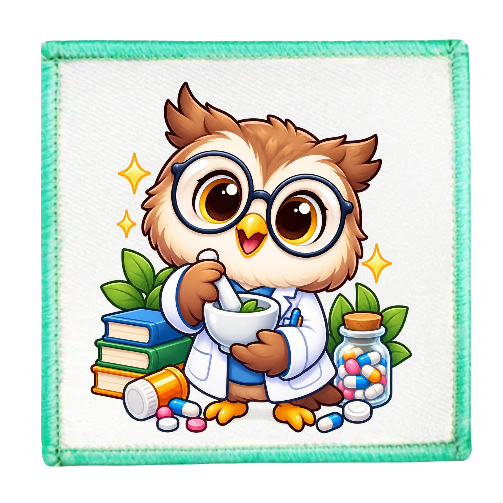 A square embroidered patch featuring a cartoon owl dressed as a doctor, wearing round glasses and a white lab coat while holding a mortar and pestle. The patch is surrounded by books, pills, and a medicine jar, with a light green stitched border on a white background.