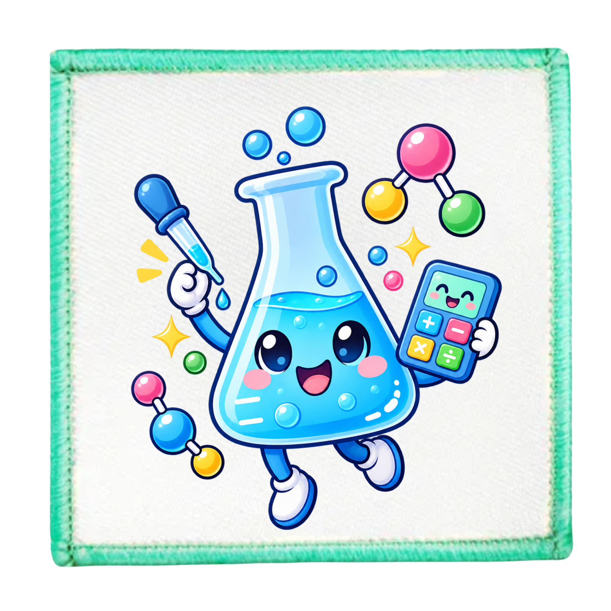 A square white patch with a stitched mint green border, featuring a colorful cartoon illustration of a happy blue beaker character holding a pipette and a calculator.