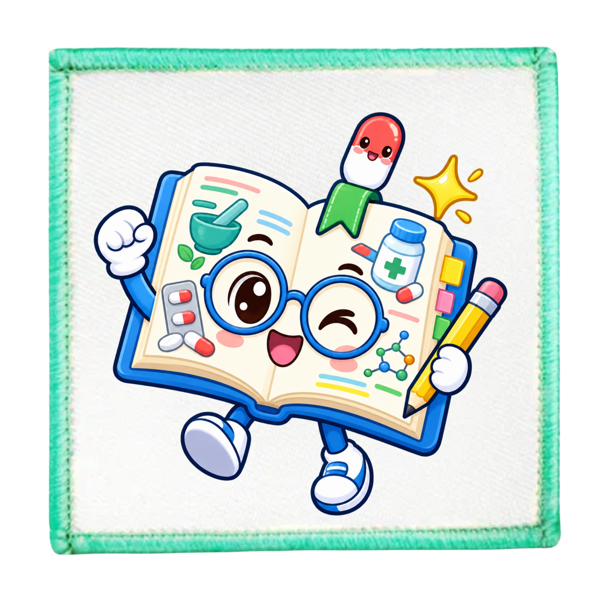 A square white fabric patch with a stitched mint green border, featuring a colorful cartoon illustration of an open book character wearing round glasses, holding a yellow pencil, with medical-themed icons including a pill, medicine bottle, band-aid, and star.