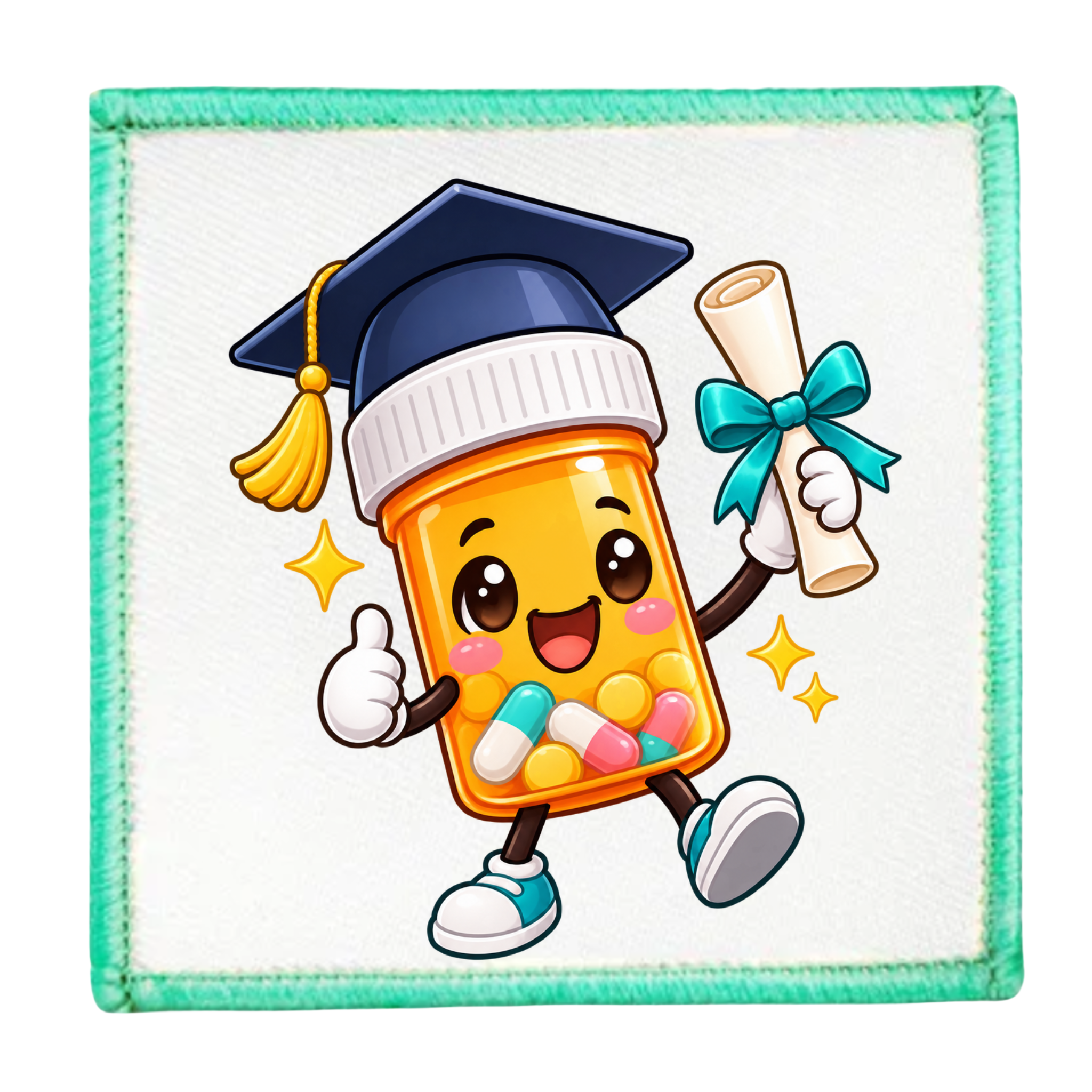 A square white patch with a mint green stitched border, featuring a cartoon illustration of a pill bottle character wearing a graduation cap and holding a diploma.