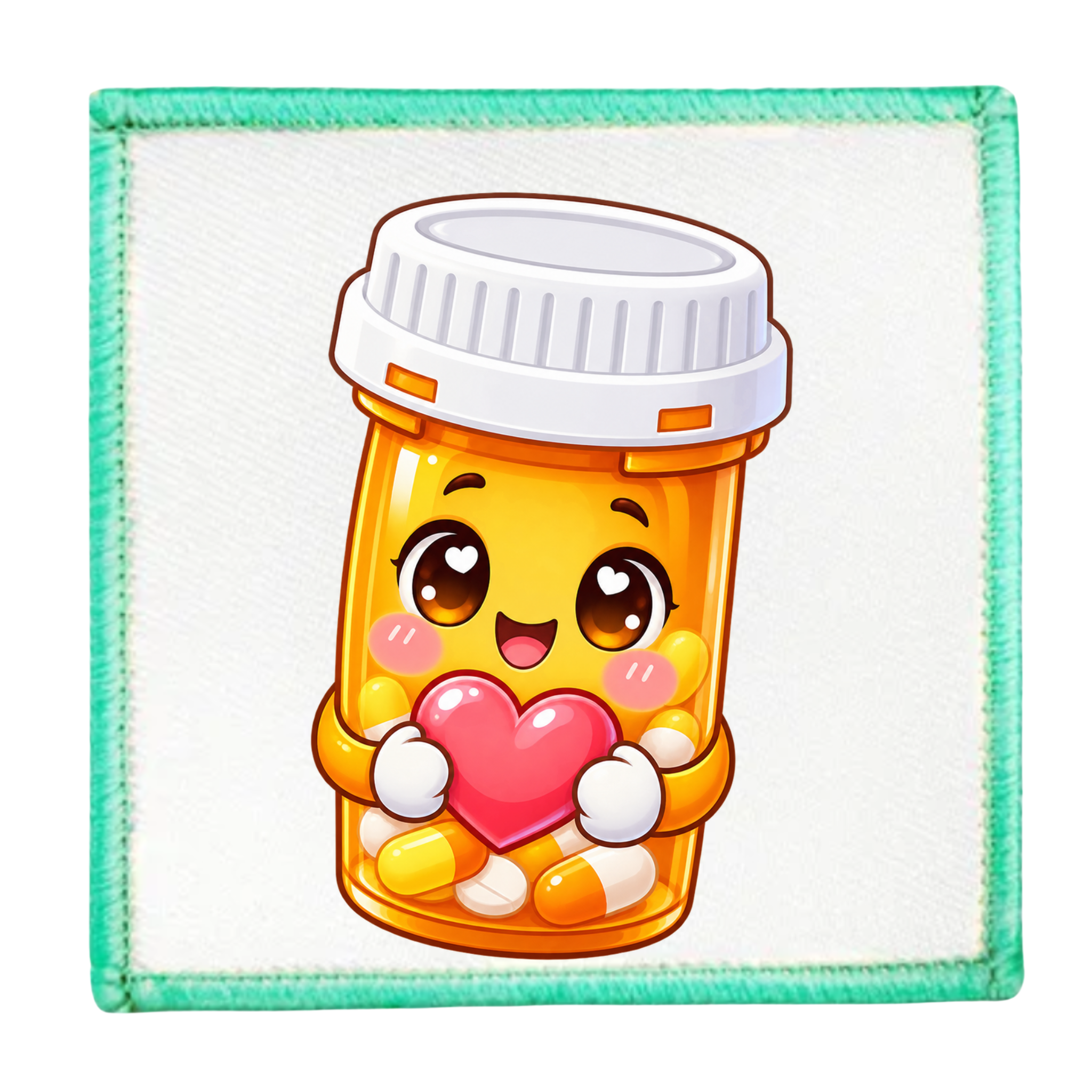 A square white patch with a stitched mint green border, featuring a cute cartoon illustration of a smiling orange pill bottle holding a pink heart.